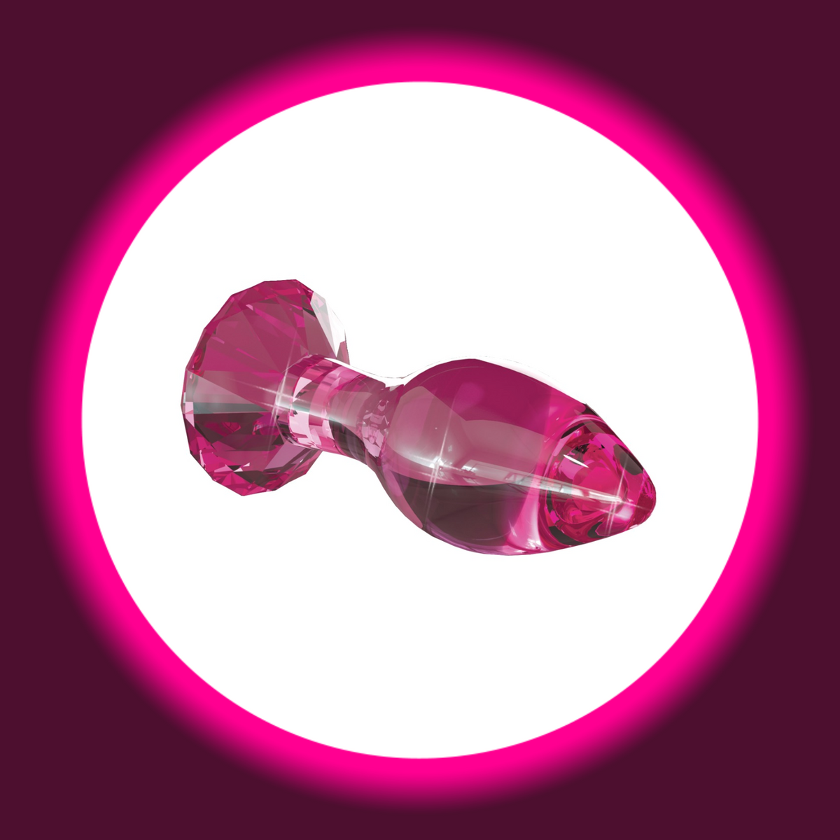 Pipedream Icicles No. 79 Glasplug in Pink mit glattem, tropfenförmigem Kopf, schmalem Hals und facettierter Basis, liegende Seitenansicht