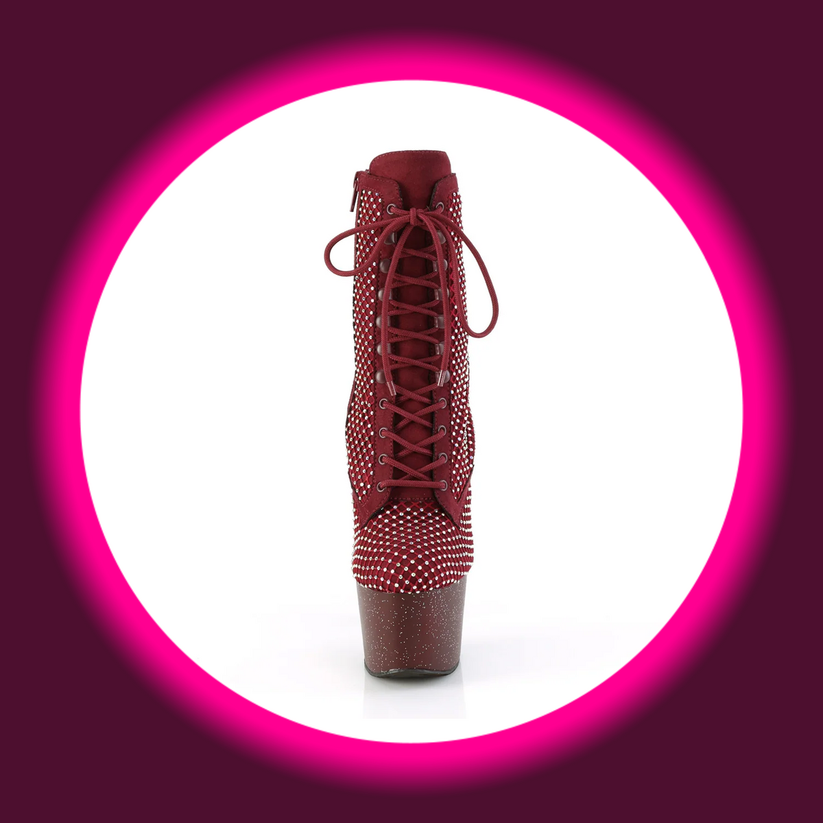 Pleaser Adore 1020RM Plateau-Stiefelette in Weinrot, freigestellte Frontansicht mit durchgängiger Schnürung, strassbesetzter runder Schuhspitze und glitzerndem Plateau