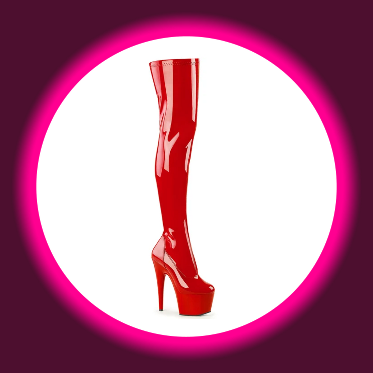 Pleaser Adore 3000 Overknee-Plateau-Stiefel in rotem Lack mit schlichtem Schaft, geschlossener Schuhspitze und hohem Stilettoabsatz, schräge Frontansicht