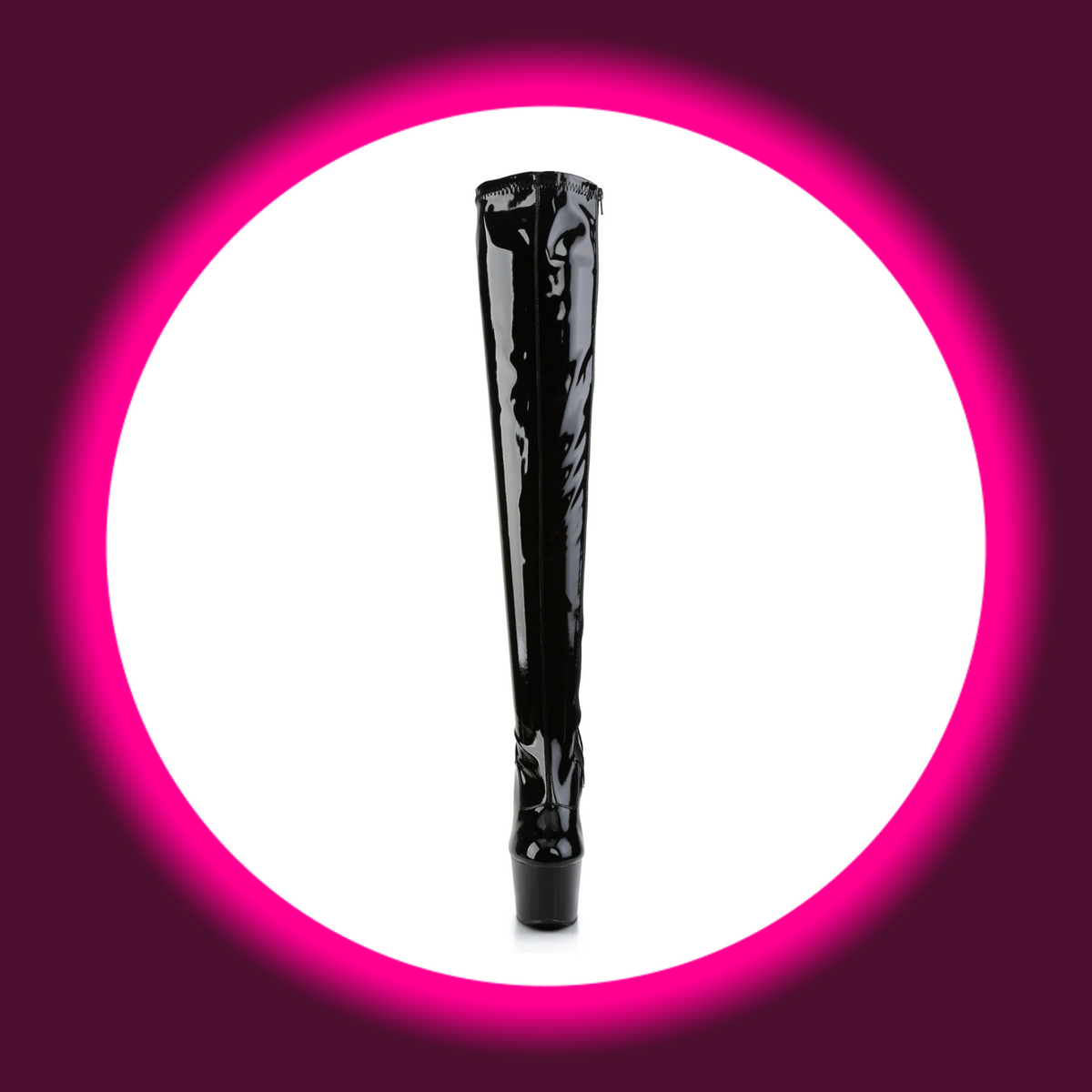 Pleaser Adore 3000 Overknee-Stiefel in schwarzem Lack, Frontansicht mit unverziertem Schaft, geschlossener abgerundeter Schuhspitze und hohem Plateau