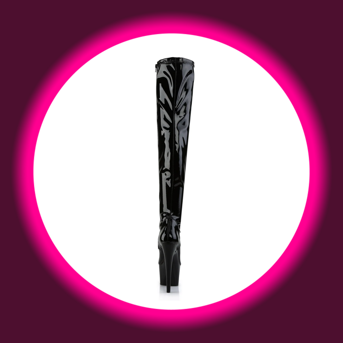 Pleaser Adore 3000 Overknee-Plateau-Stiefel in schwarzem Lack, Rückansicht mit mittiger Rückennaht, hohem Schaft und schlankem Stilettoabsatz