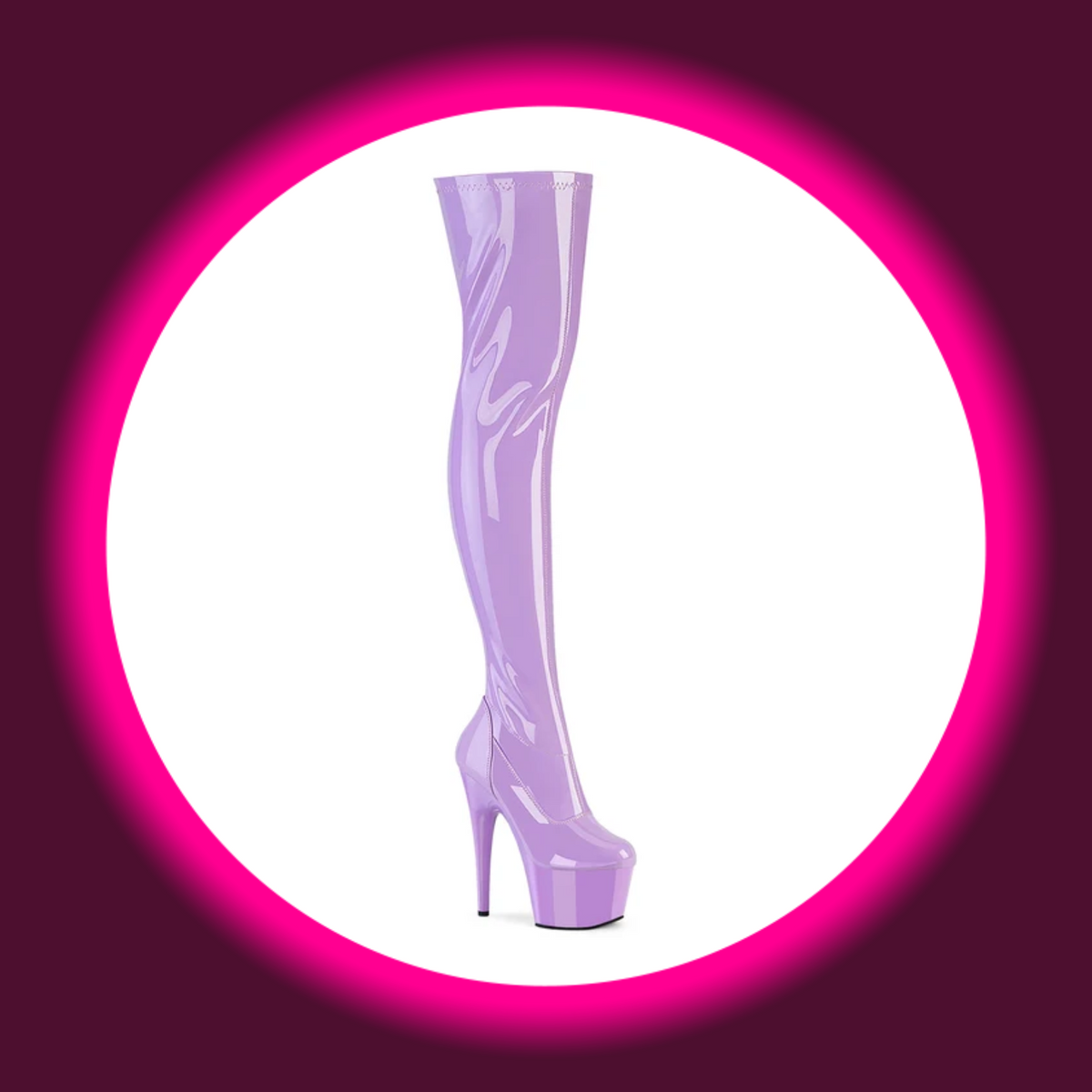 Pleaser Adore 3000 Overknee-Plateau-Stiefel in violettem Lack mit unverziertem Schaft, hohem Plateau und Stilettoabsatz, schräge Frontansicht