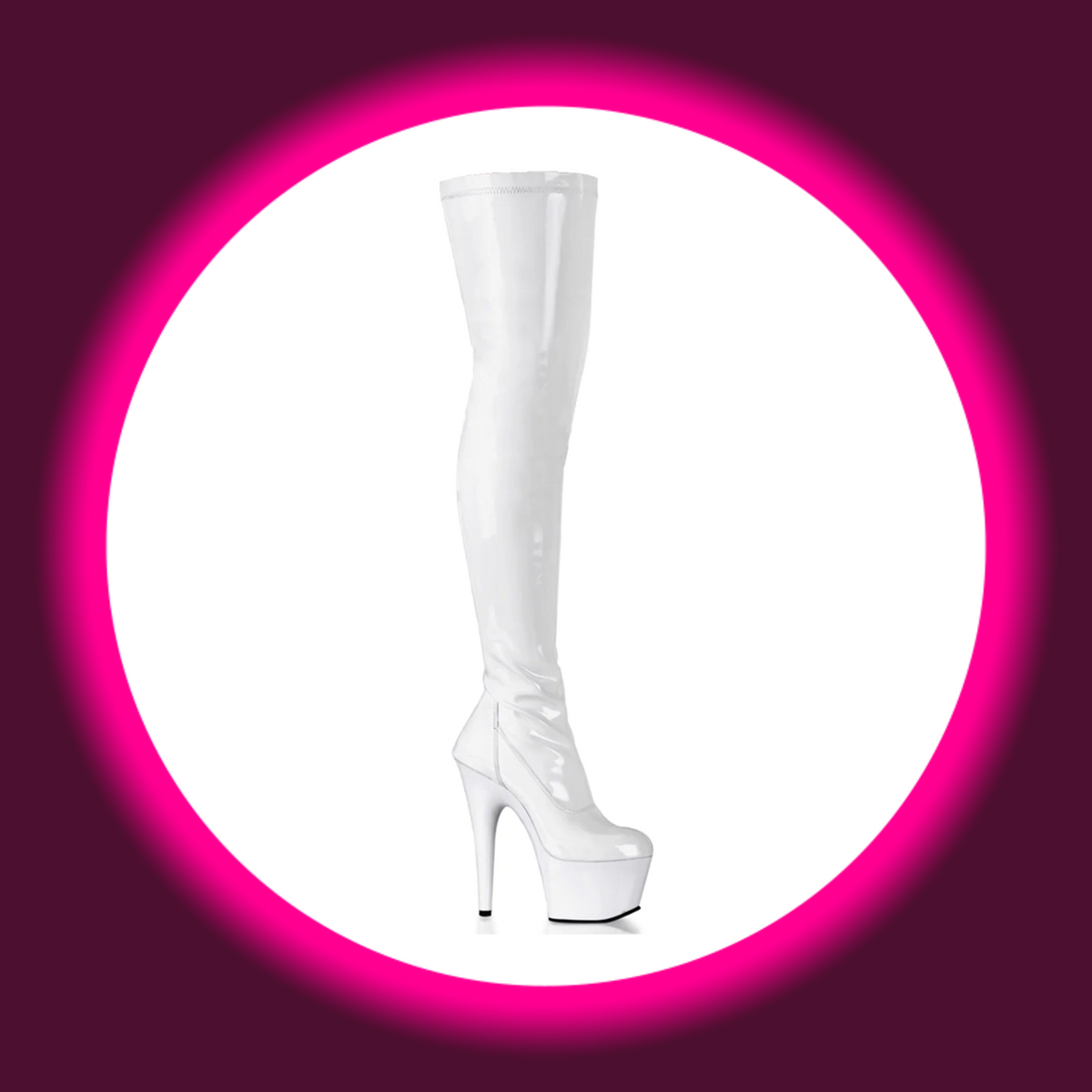 Pleaser Adore 3000 Overknee-Plateau-Stiefel in weißem Lack mit hohem unverziertem Schaft, Plateau und schlankem Stilettoabsatz, schräge Frontansicht