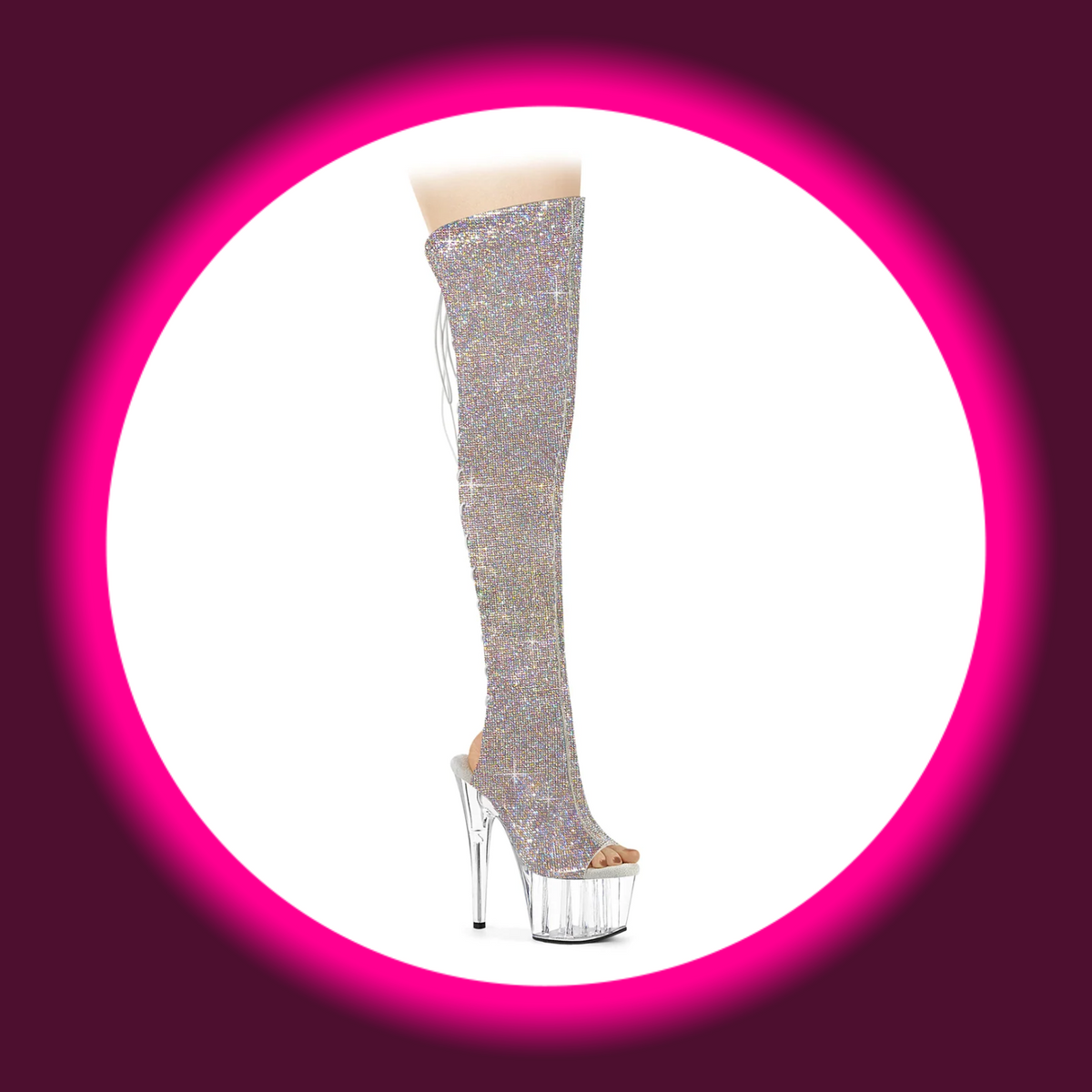 Pleaser Adore 3019C Overknee-Stiefel mit funkelndem Silver-AB-Strassbesatz, offener Spitze und Ferse sowie transparentem Plateau und Stilettoabsatz, schräge Frontansicht

