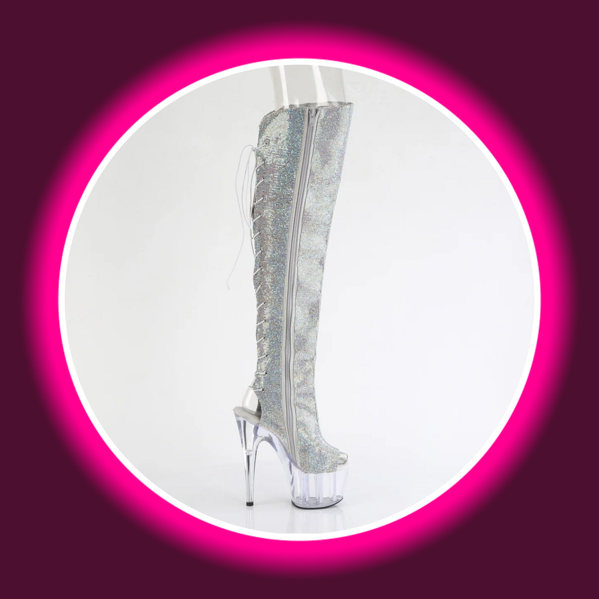 Pleaser Adore 3019C Strass-Overknee-Stiefel, innere Seitenansicht mit durchgehendem Reißverschluss, offener Ferse und transparentem Plateau und Absatz