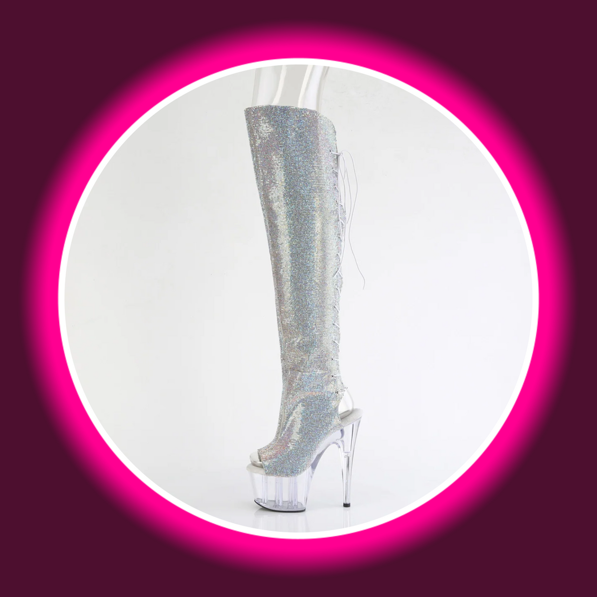 Pleaser Adore 3019C Overknee-Stiefel mit irisierendem Silver-AB-Strassbesatz, äußere Seitenansicht mit rückseitiger Schnürung, offener Spitze und transparentem Stilettoabsatz