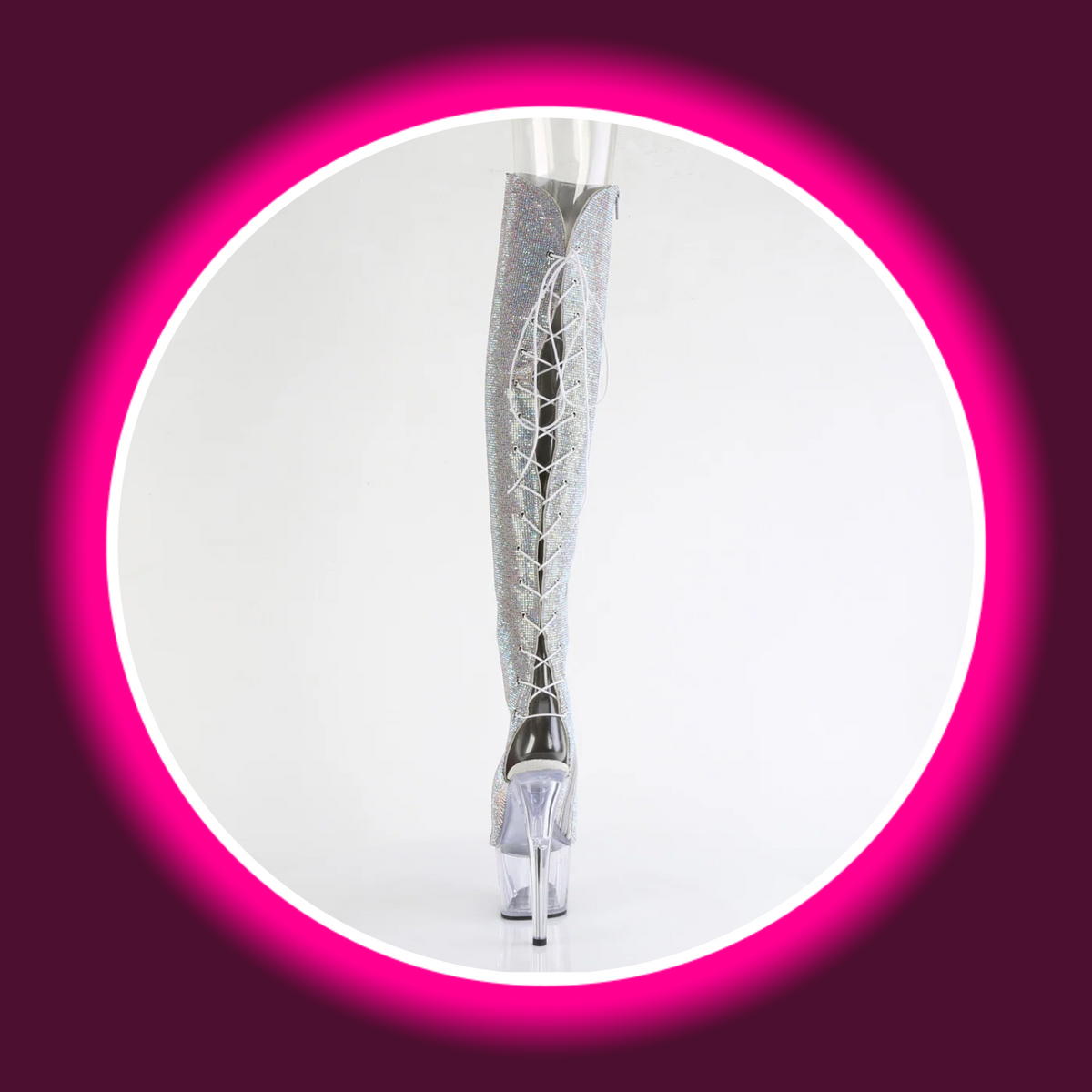 Pleaser Adore 3019C Strass-Overknee-Stiefel, Rückansicht mit durchgehender heller Schnürung, offenem Schaftbereich, freier Ferse und transparentem Stilettoabsatz
