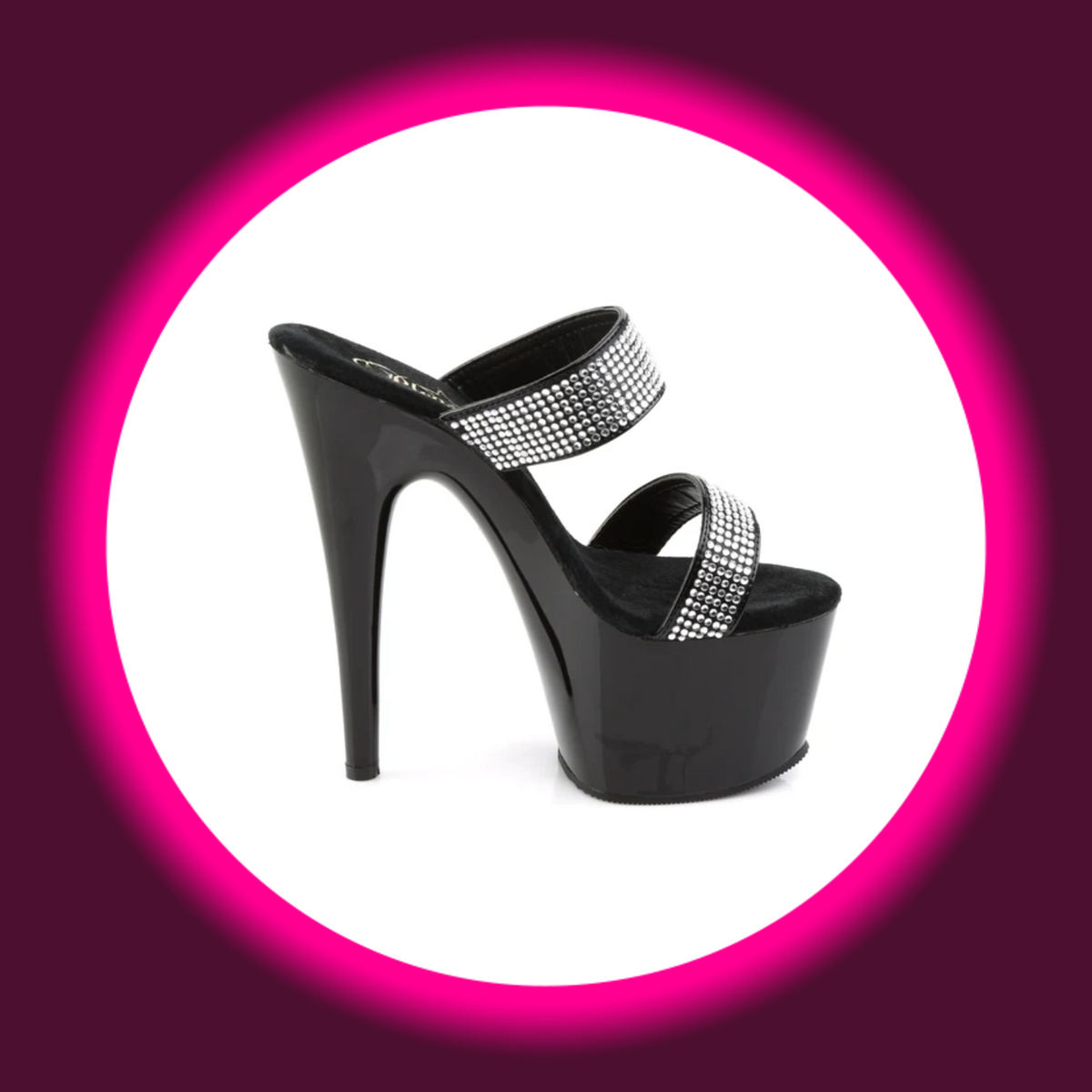 Pleaser Adore 702-2 Plateau-Pantolette in Schwarz mit funkelnden Strassriemen, hohem Plateau und schlankem Stilettoabsatz, freigestellte seitliche Ansicht