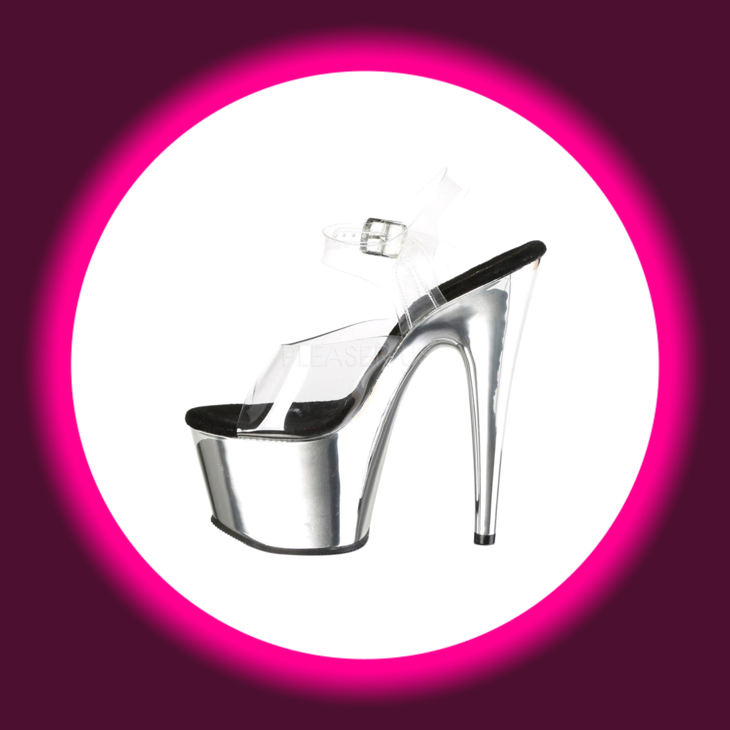 seitliche Ansicht chromfarbene Plateau-Sandale mit schwarzer Sohle und verchromtem Plateau und Absatz, Pleaser Adore 708