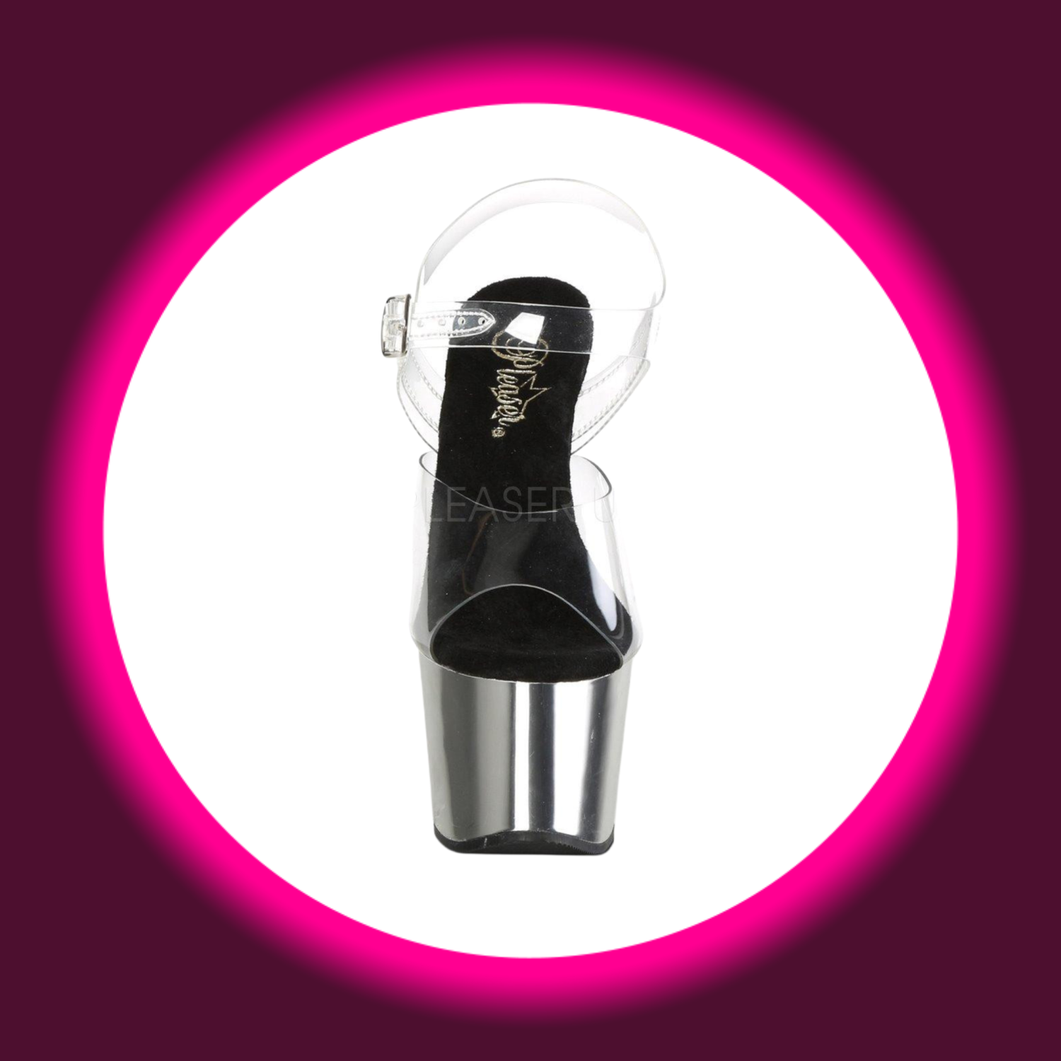 Frontansicht chromfarbene Plateau-Sandale mit schwarzer Sohle und  verchromtem Plateau, Pleaser Adore 708