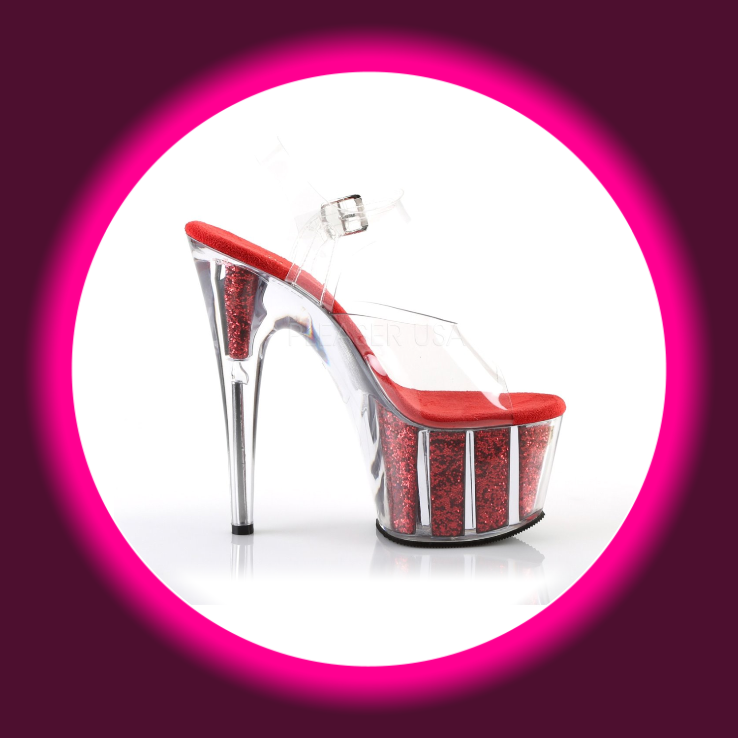 seitliche Ansicht auf eine rote glitzernde Plateau Sandalette mit transparenten Elementen