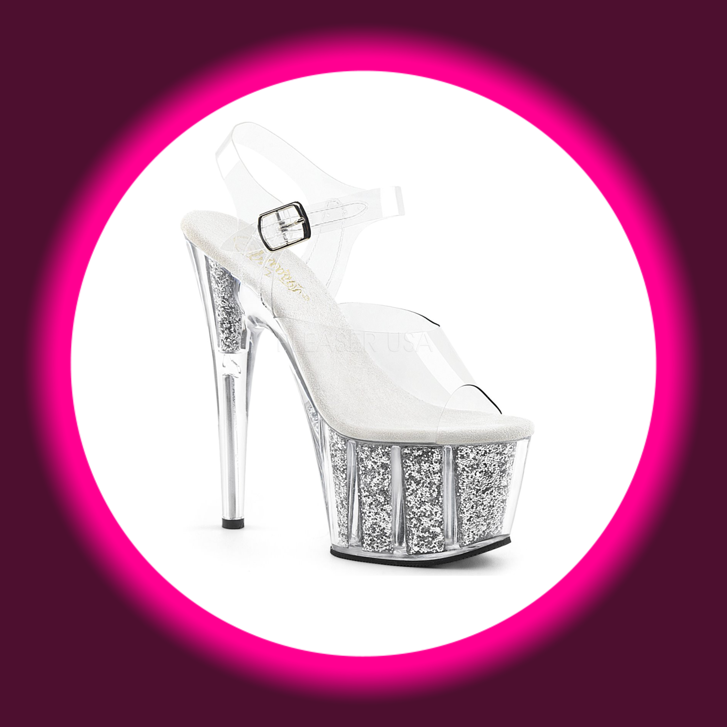 Winkelansicht transparente Plateau-Sandale mit hohem Absatz und Glittereinsätzen, PLEASER ADORE 708