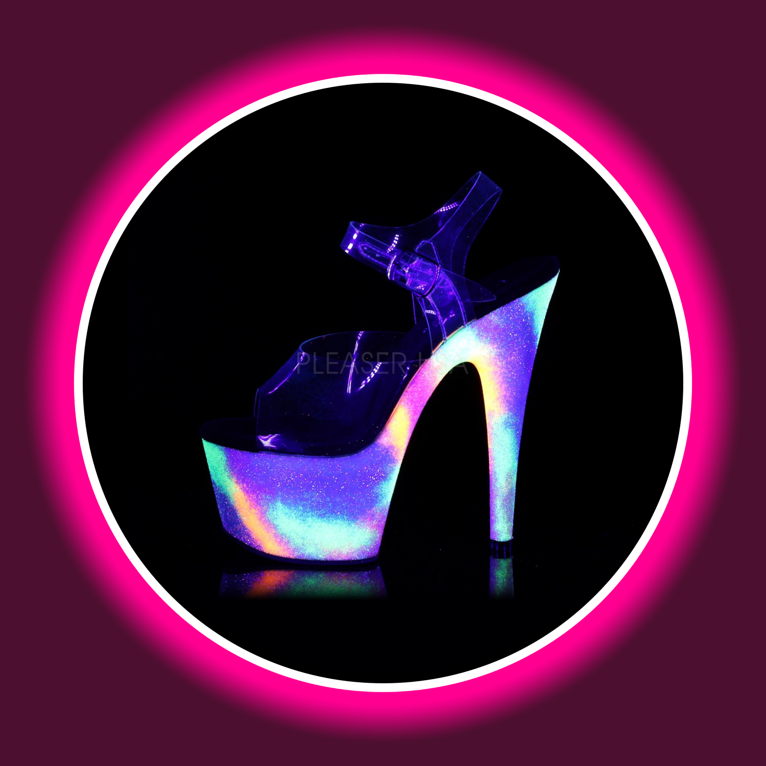 seitliche Ansicht uv-reaktive Plateau-Sandale mit hohem Absatz und transparenten Riemen, Pleaser Adore 708