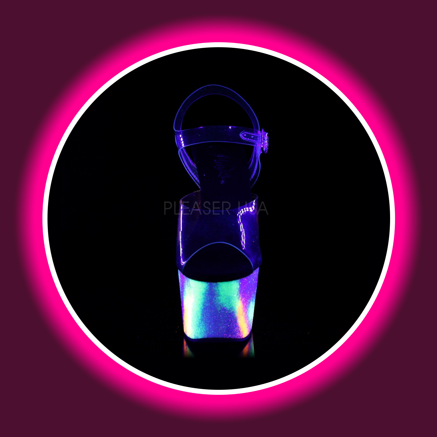 Frontansicht uv-reaktive Plateau-Sandale mit transparenten Riemen, Pleaser Adore 708