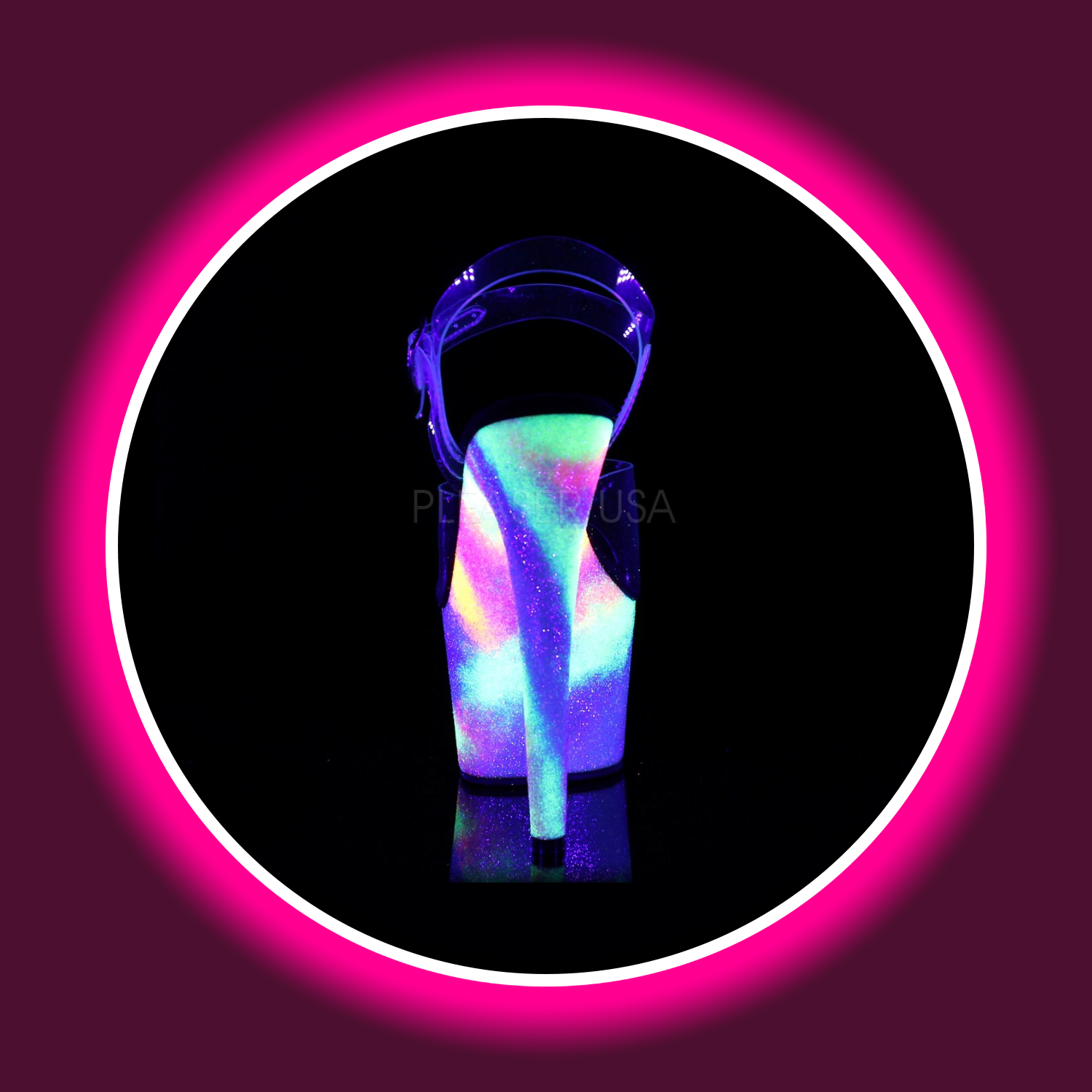 Rückansicht uv-reaktive Plateau-Sandale mit hohem Absatz und transparenten Riemen, Pleaser Adore 708