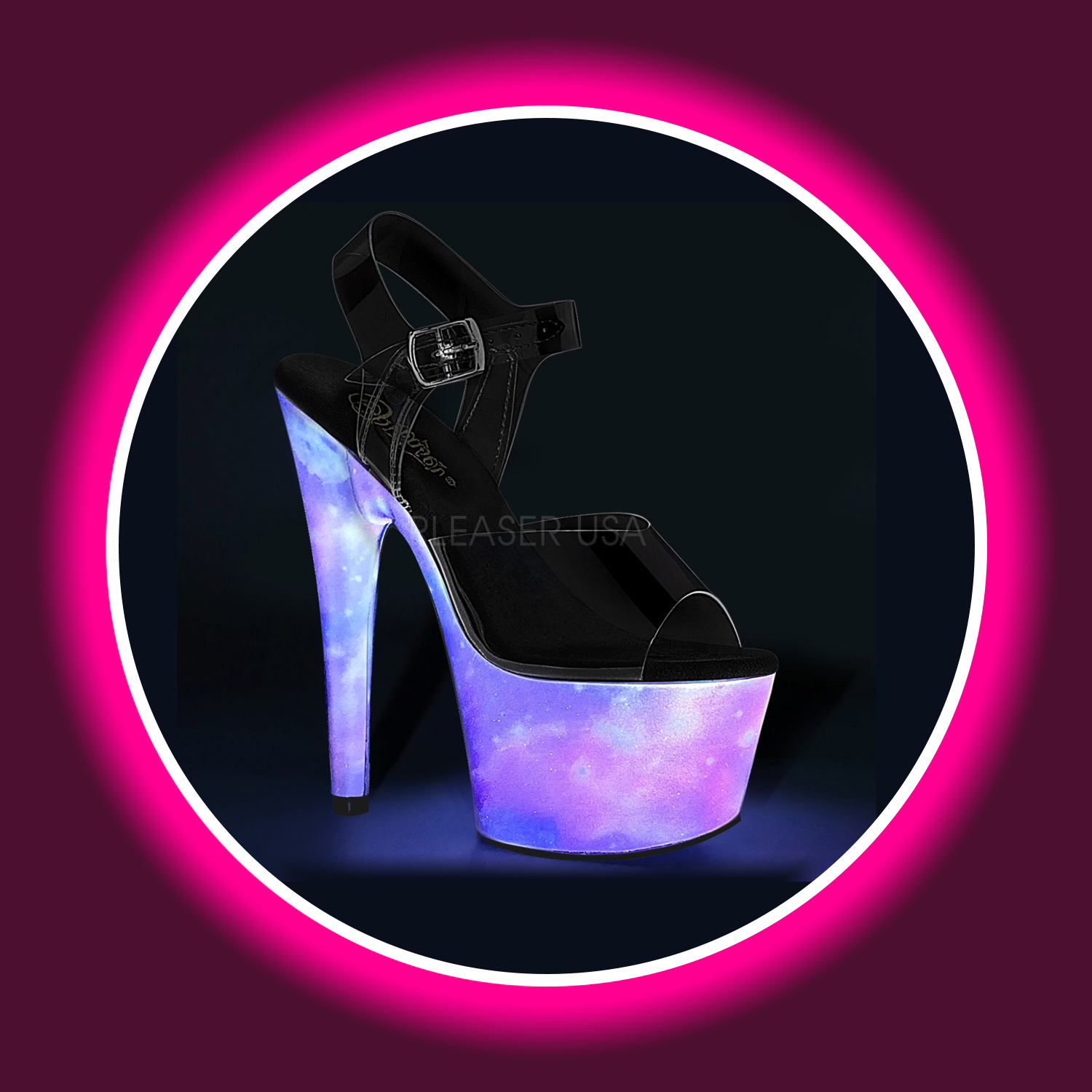 Winkelansicht auf eine uv-reaktive mehrfarbige Sandalette bzw. High Heels mit transparenten Riemen, Pleaser Adore 708 Galaxy