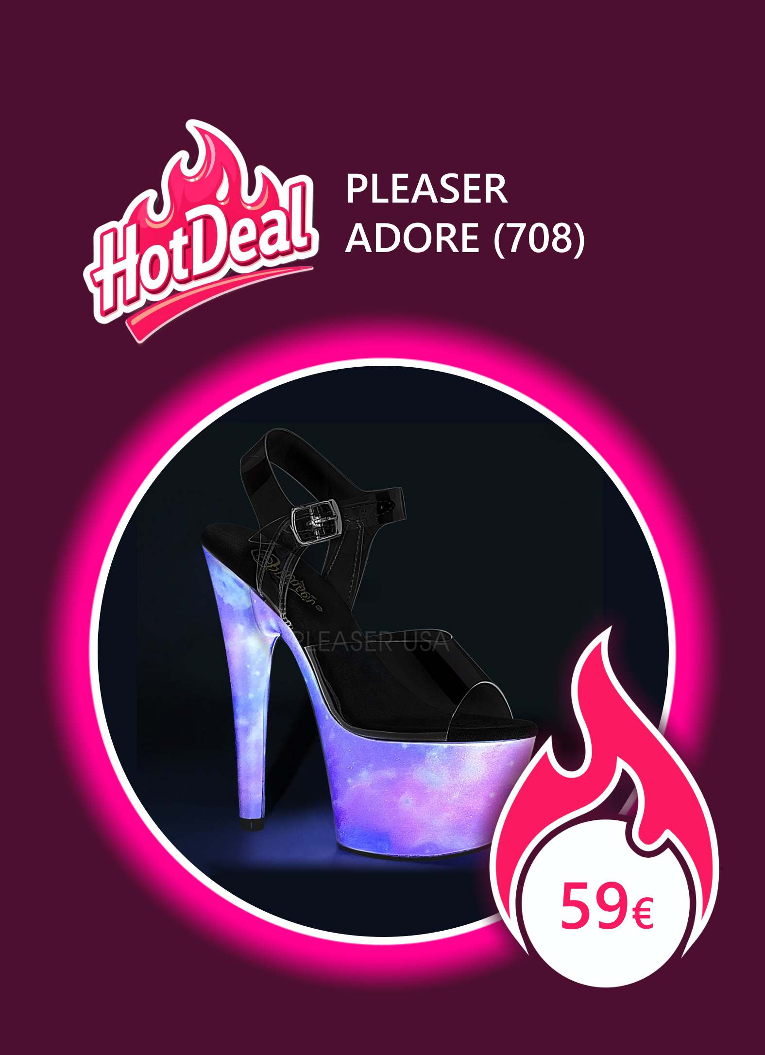 Winkelansicht auf eine uv-reaktive mehrfarbige Sandalette bzw. High Heels mit transparenten Riemen, Pleaser Adore 708 Galaxy