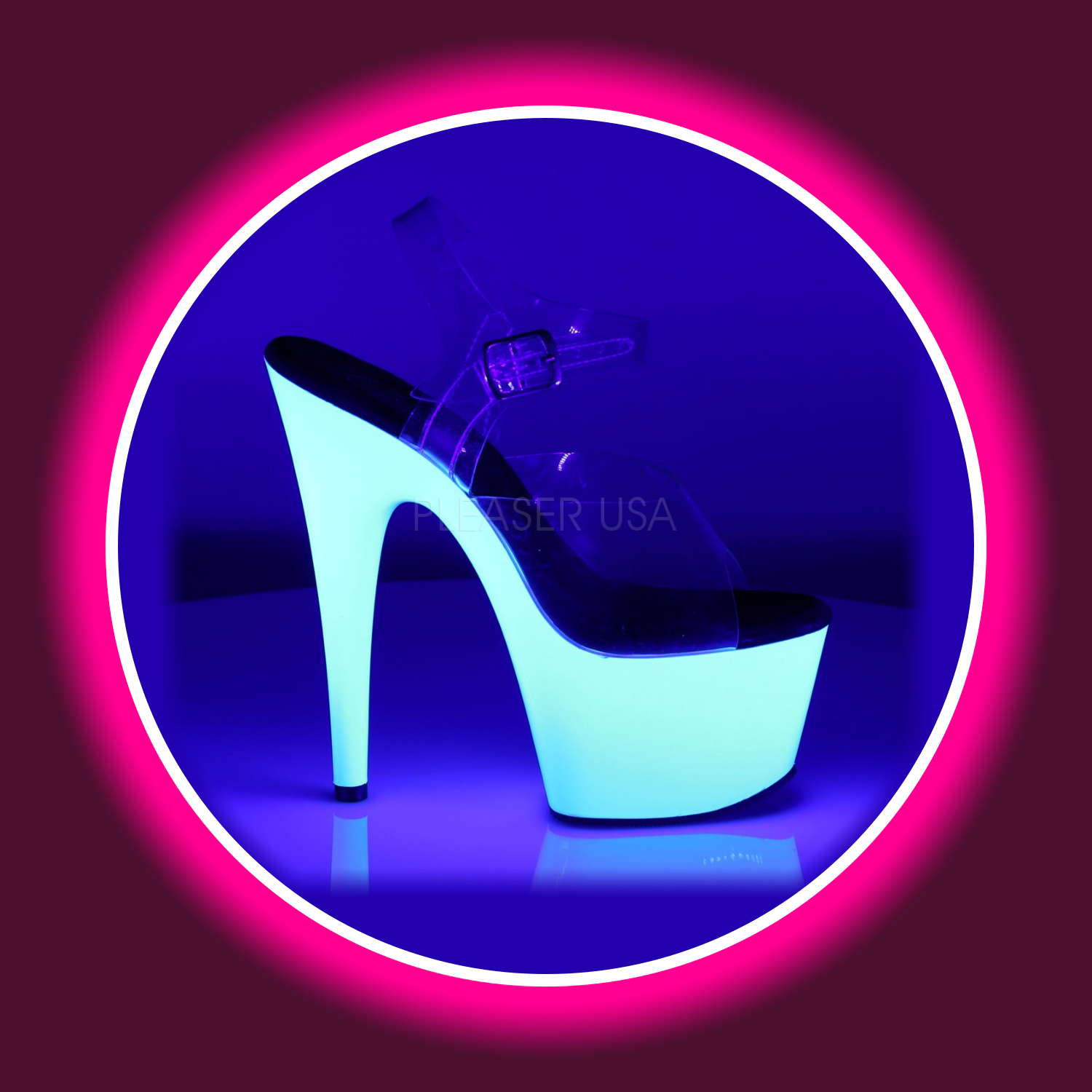 seitliche Ansicht weiße Plateau-Sandaletten mit hohem Absatz, die bei Schwarzlicht leuchten, Pleaser Adore 708