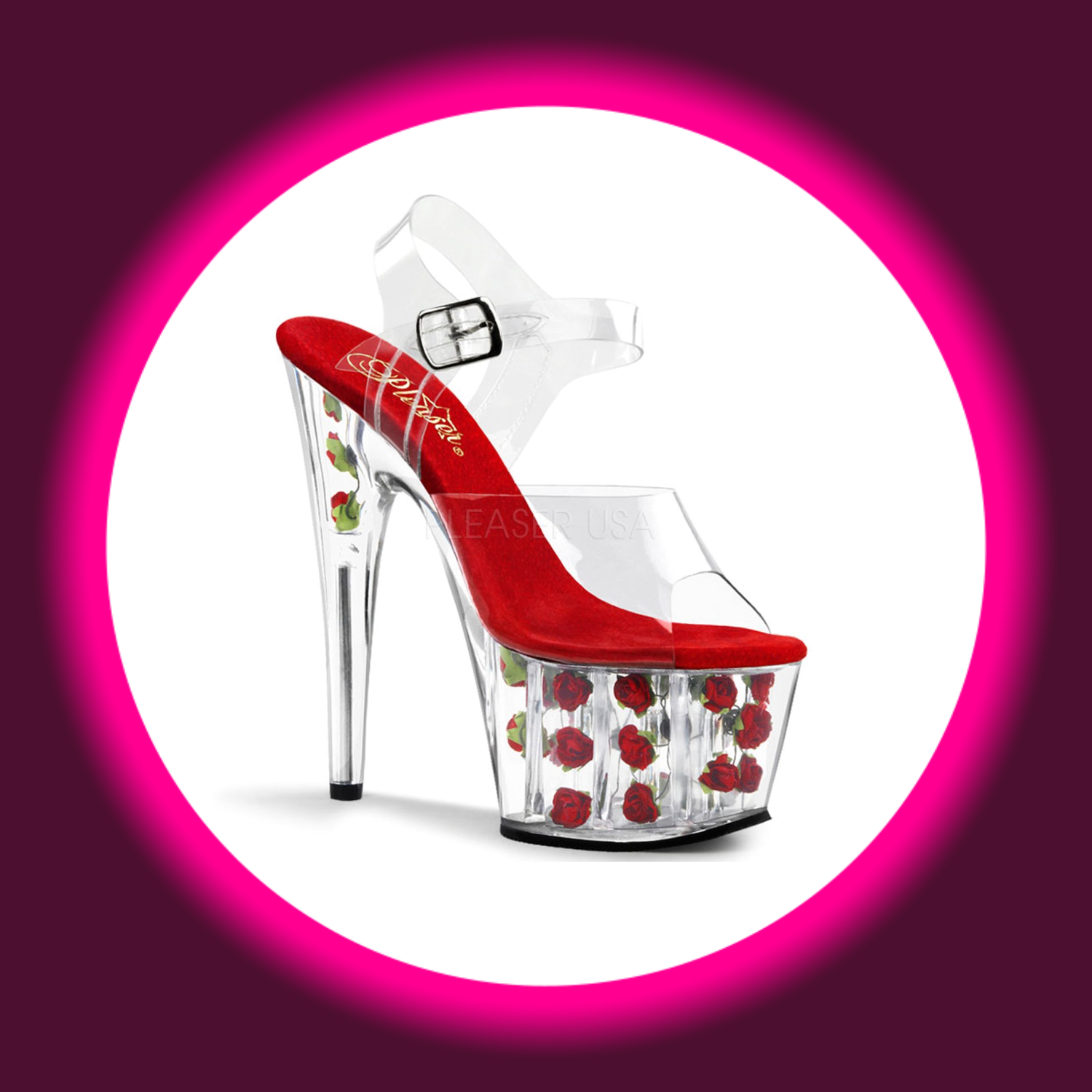 Winkelansicht transparente Plateausandale mit roter Innensohle und eingearbeiteten Rosen, Pleaser Adore 708