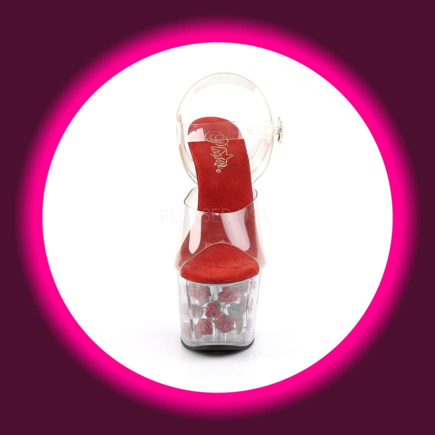 Frontansicht transparente Plateausandale mit roter Innensohle und eingearbeiteten Rosen, Pleaser Adore 708