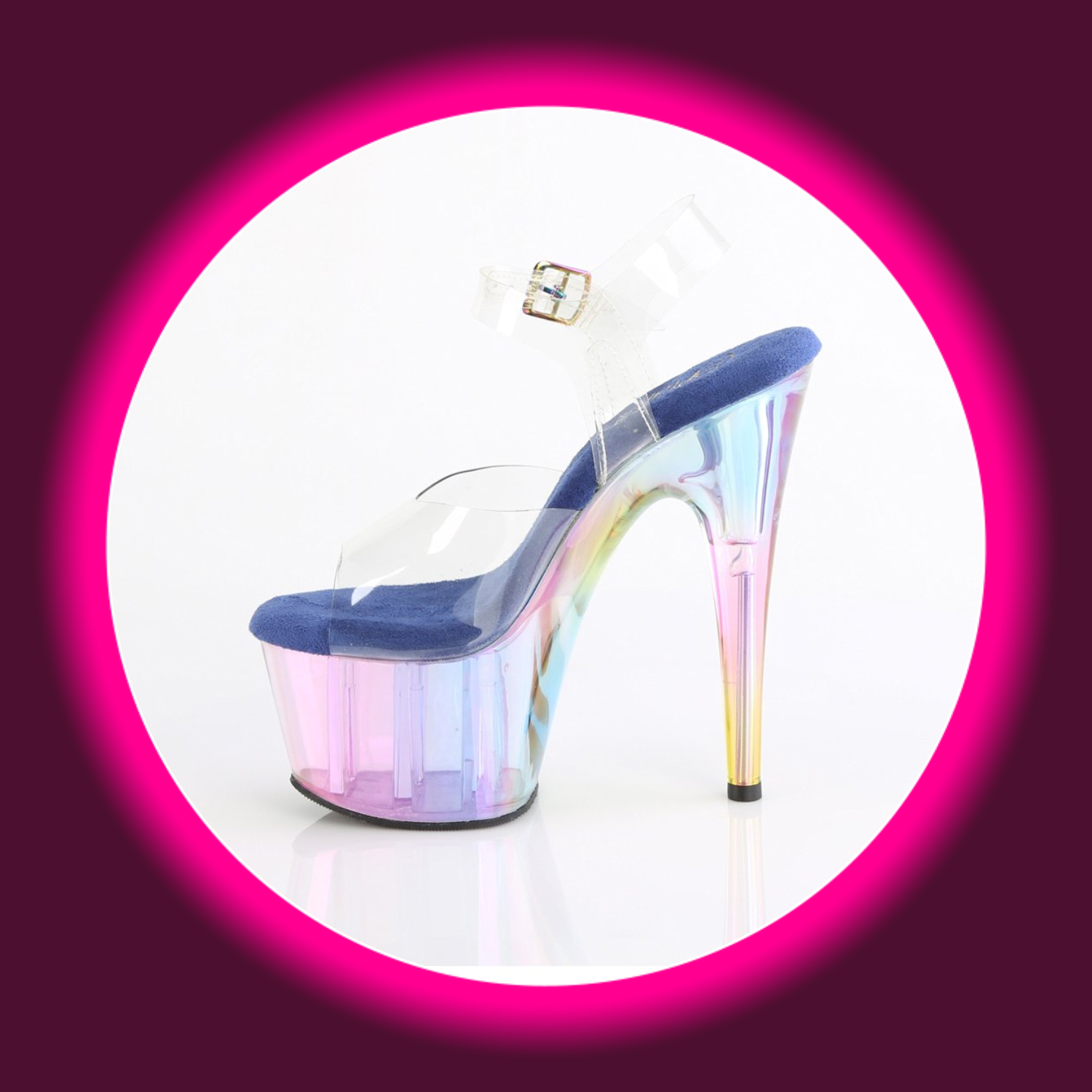 seitliche Ansicht bunt schimmernde Plateau-Sandale mit hohem Absatz und blauer Sohle, Pleaser Adore 708