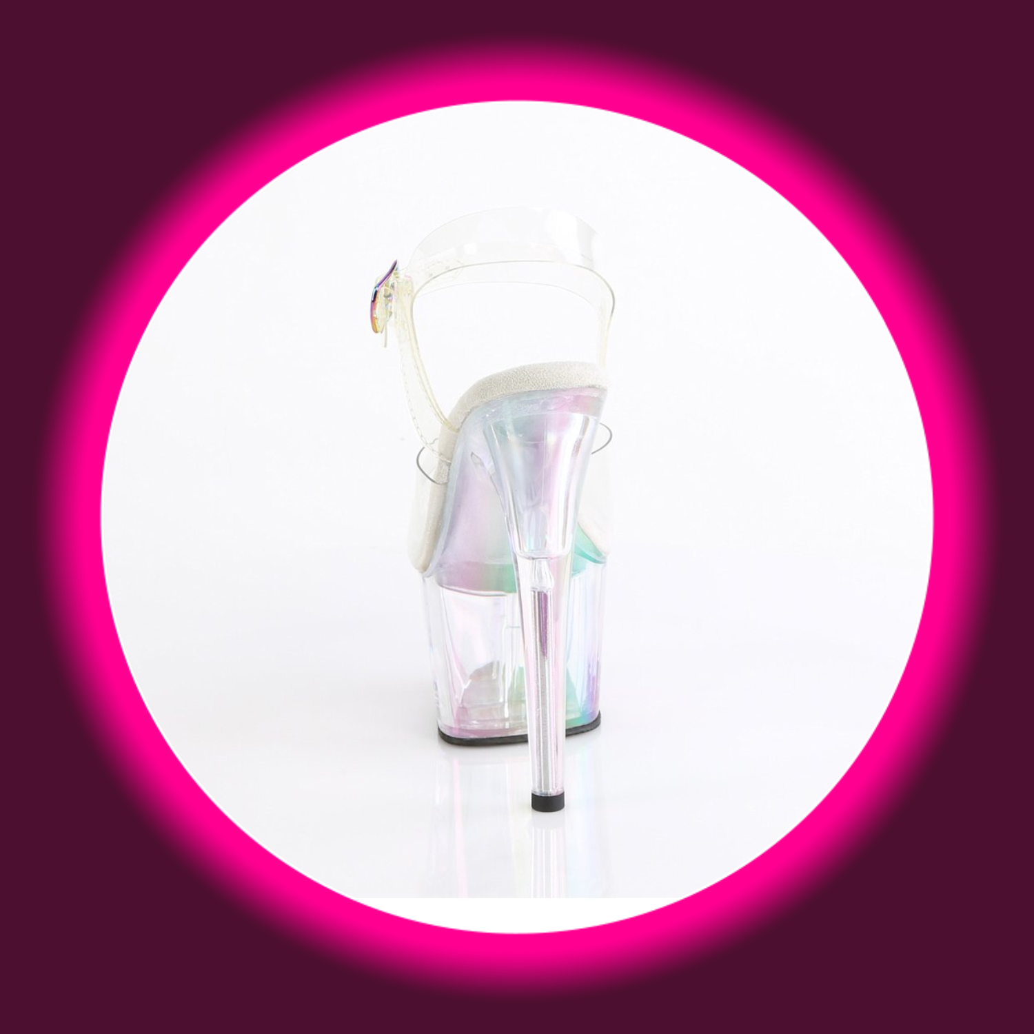 Rückansicht transparente, schimmernde Plateau-Sandale mit hohem Absatz, Pleaser Adore 708