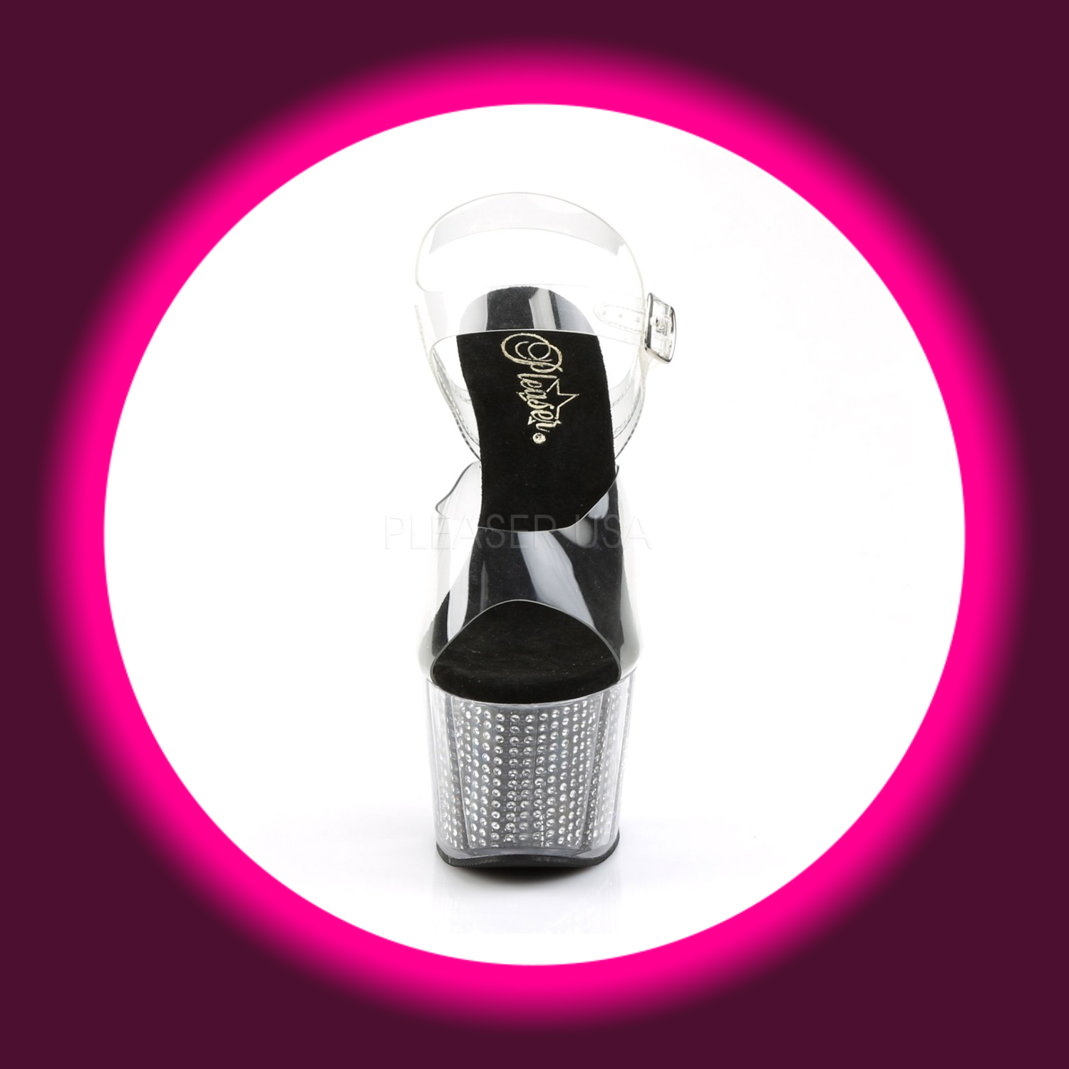 Frontansicht transparente Plateau-Sandalen mit schwarzer Innensohle und Strass im Plateau, Pleaser Adore 708