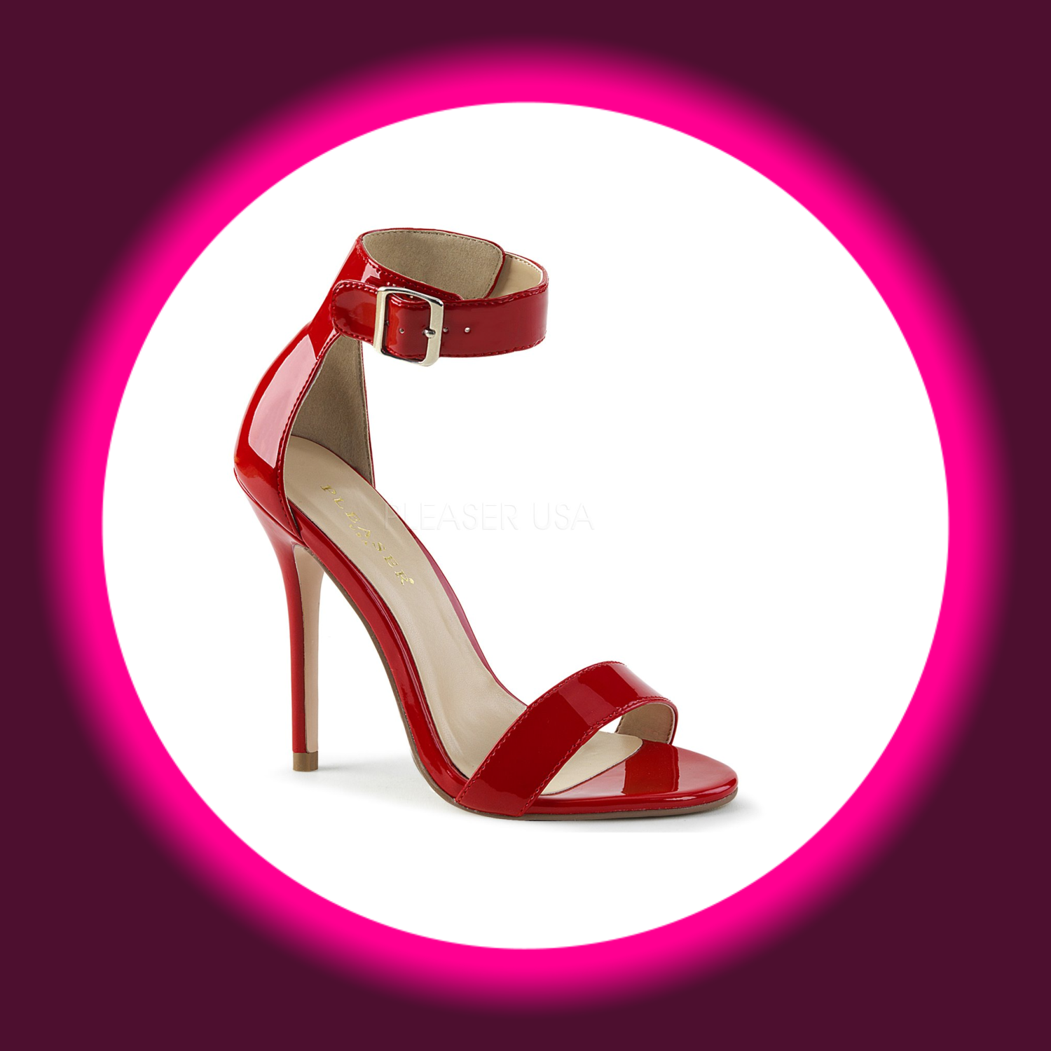 Winkelansicht rote Sandalette mit Fesselriemchen und hohem Absatz, Pleaser Amuse 10