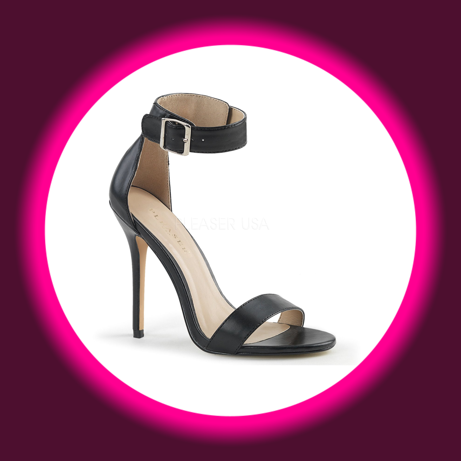 Winkelansicht schwarze Sandalette mit Fesselriemchen und hohem Absatz, Pleaser Amuse 10