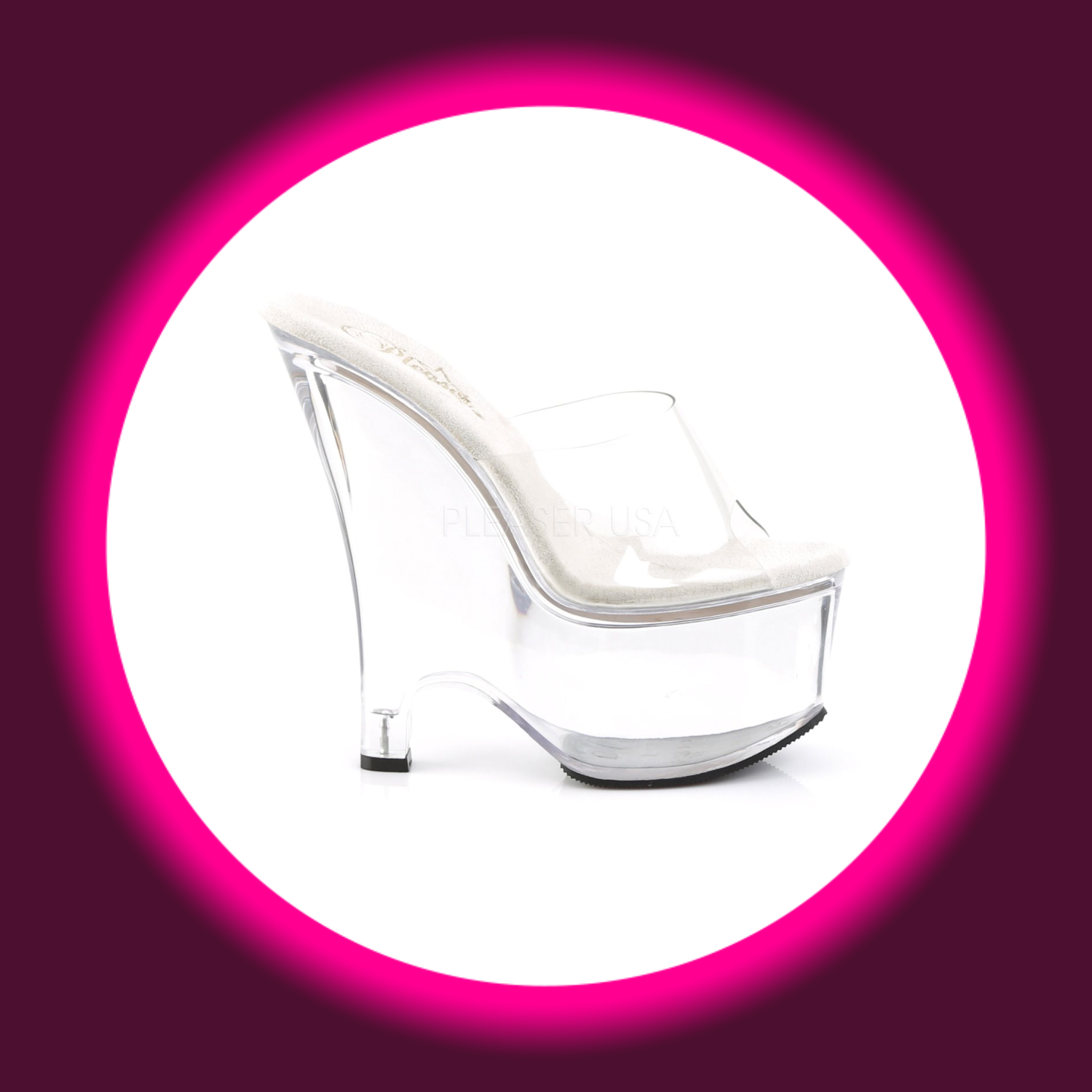 seitliche Ansicht transparente hohe keilförmige Pantoletten mit transparentem Riemen, Pleaser Beau 601