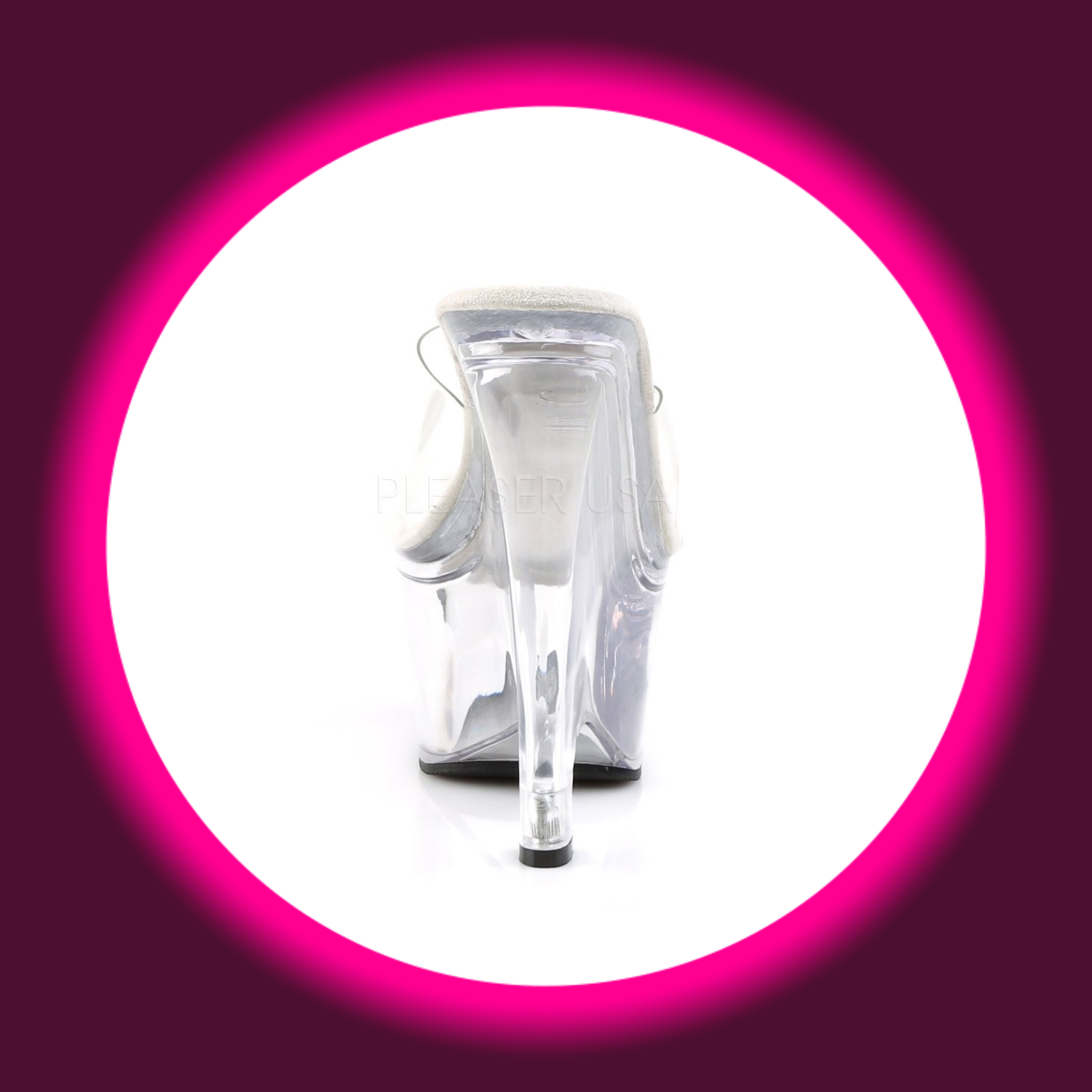 Rückansicht transparente hohe keilförmige Pantoletten mit hohem Absatz, Pleaser Beau 601