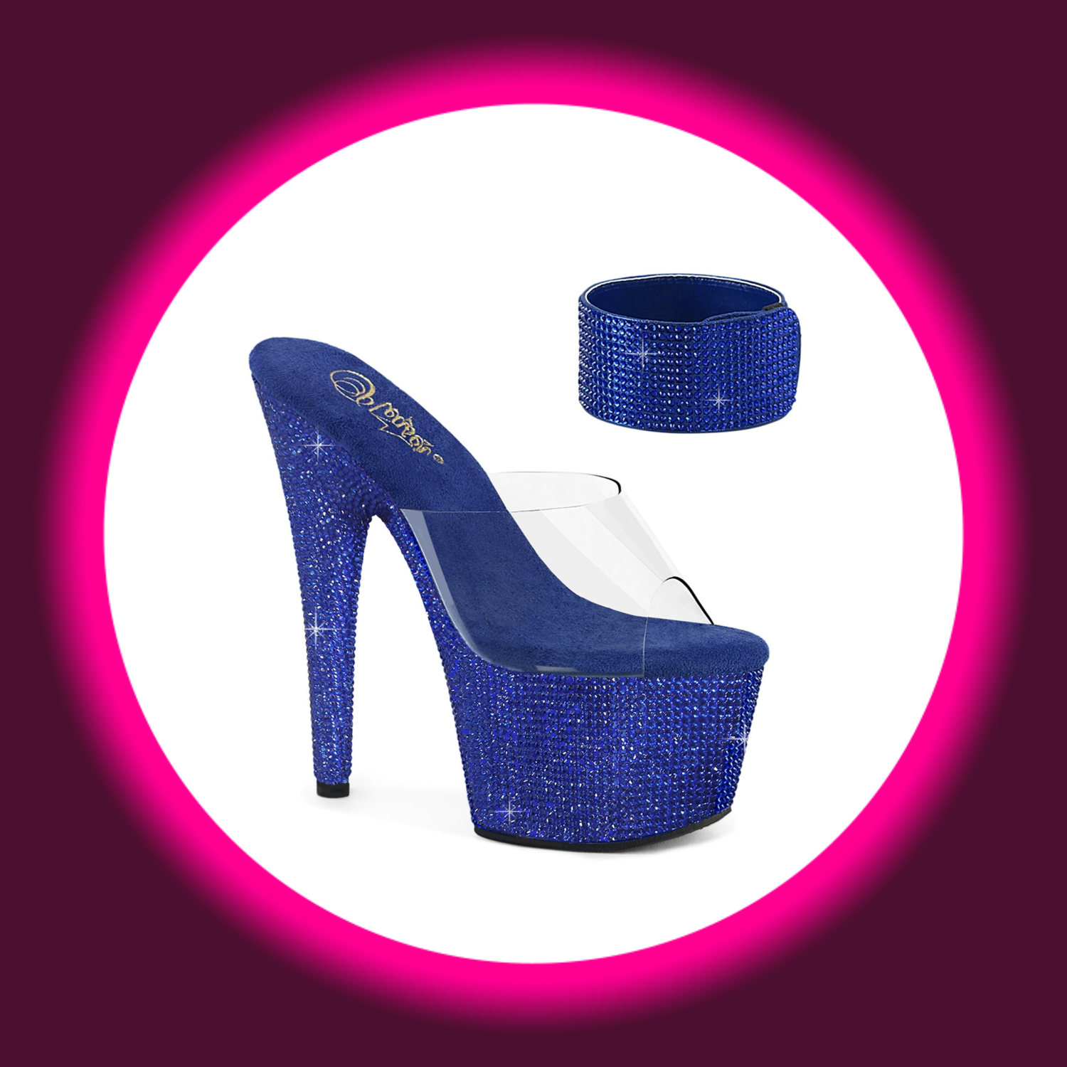 Winkelansicht blaue Plateaupantolette mit Glitzersteinen und passendem Riemchen, Pleaser Bejeweled 712