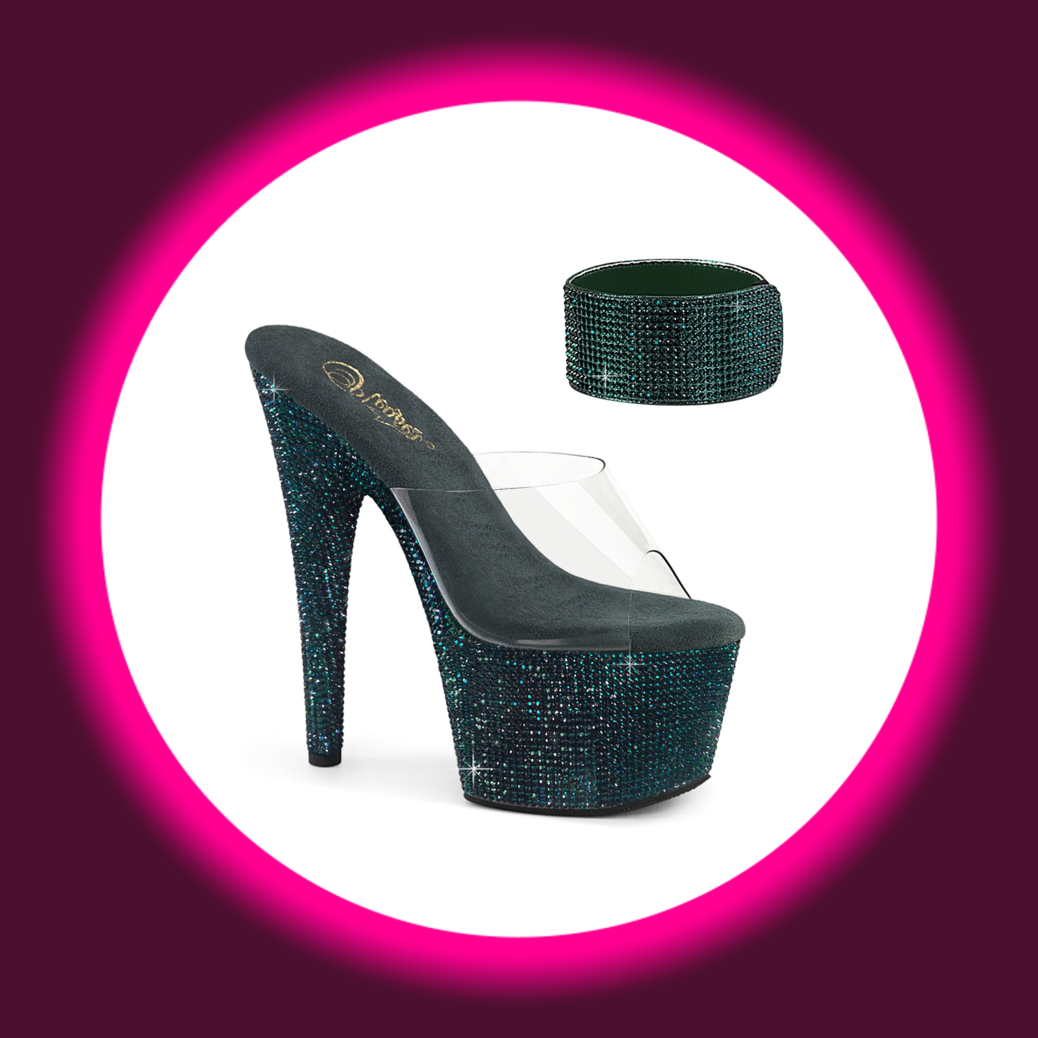 Winkelansicht dunkelgrüne Plateaupantolette mit Glitzersteinen und passendem Riemchen, Pleaser Bejeweled 712