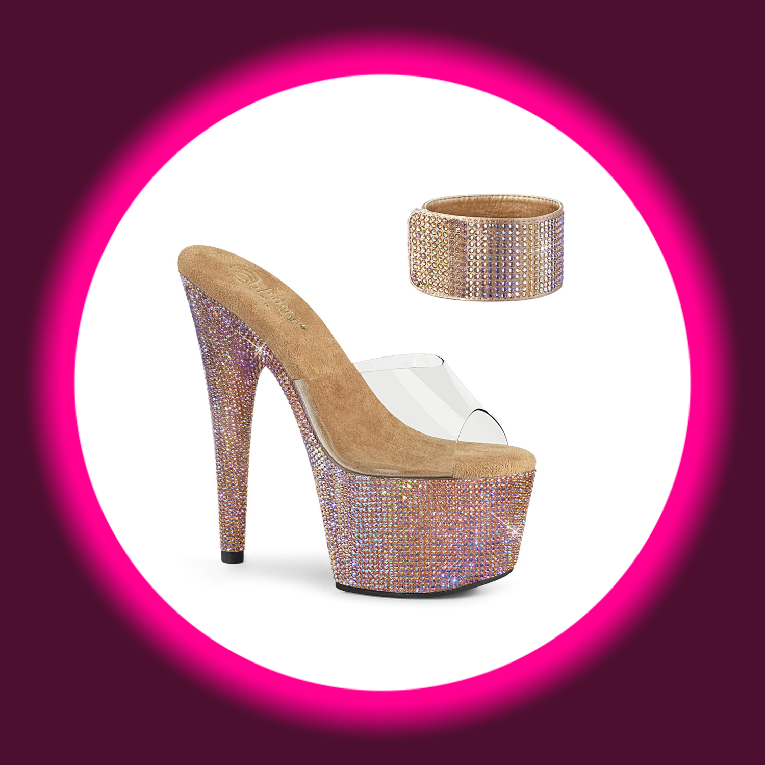 Winkelansicht goldene Plateaupantolette mit Glitzersteinen und passendem Riemchen, Pleaser Bejeweled 712