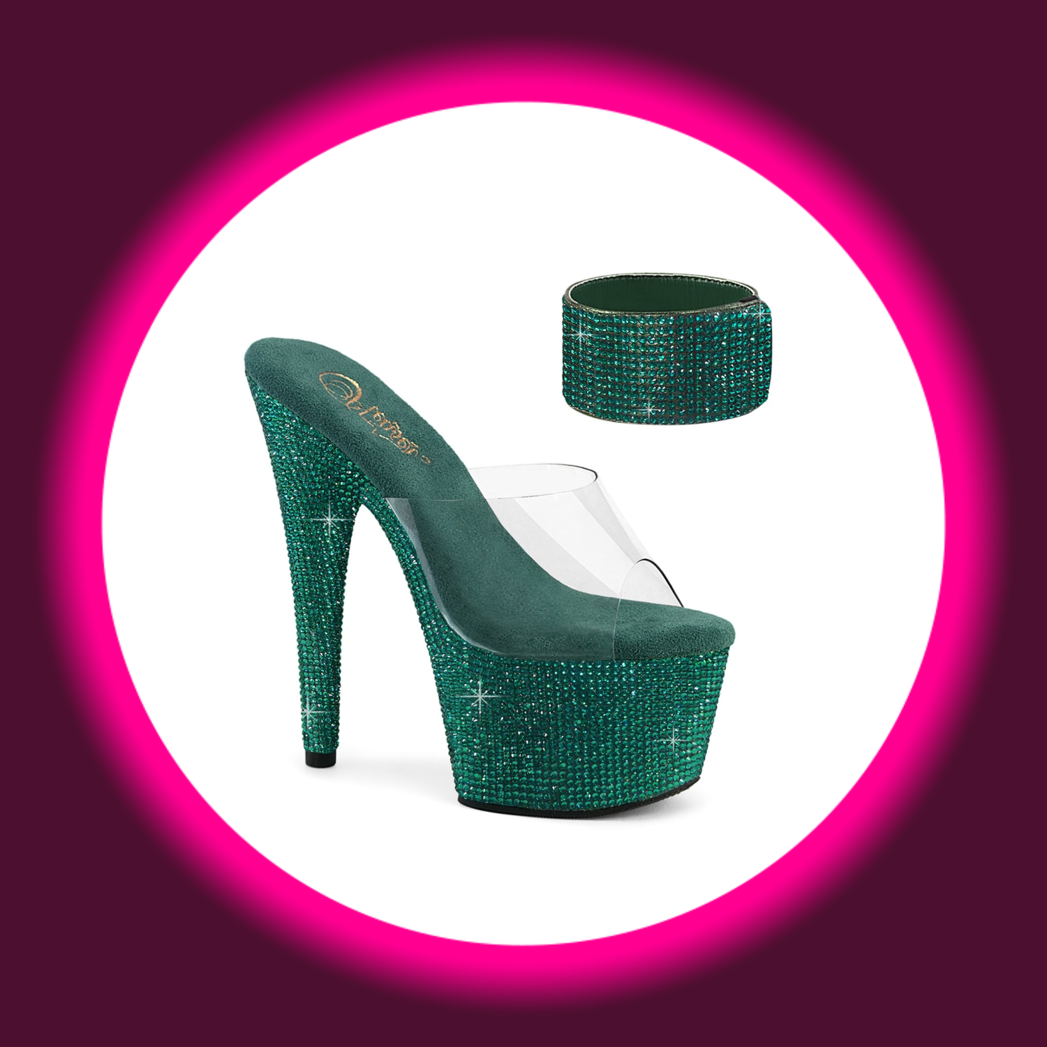 Winkelansicht Plateaupantolette in petrol mit Glitzersteinen und passendem Riemchen, Pleaser Bejeweled 712