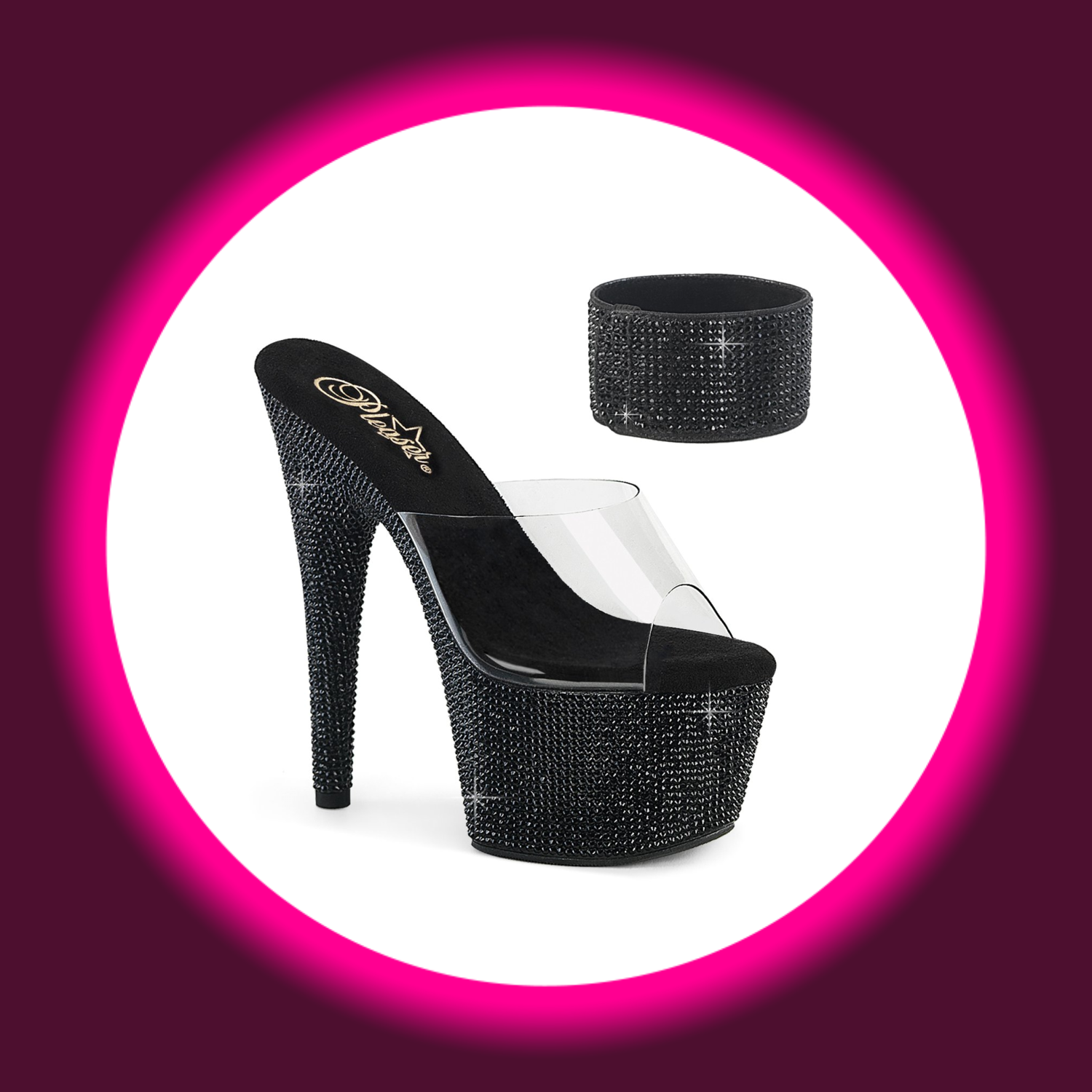 Winkelansicht schwarze Plateaupantolette mit Glitzersteinen und passendem Riemchen, Pleaser Bejeweled 712