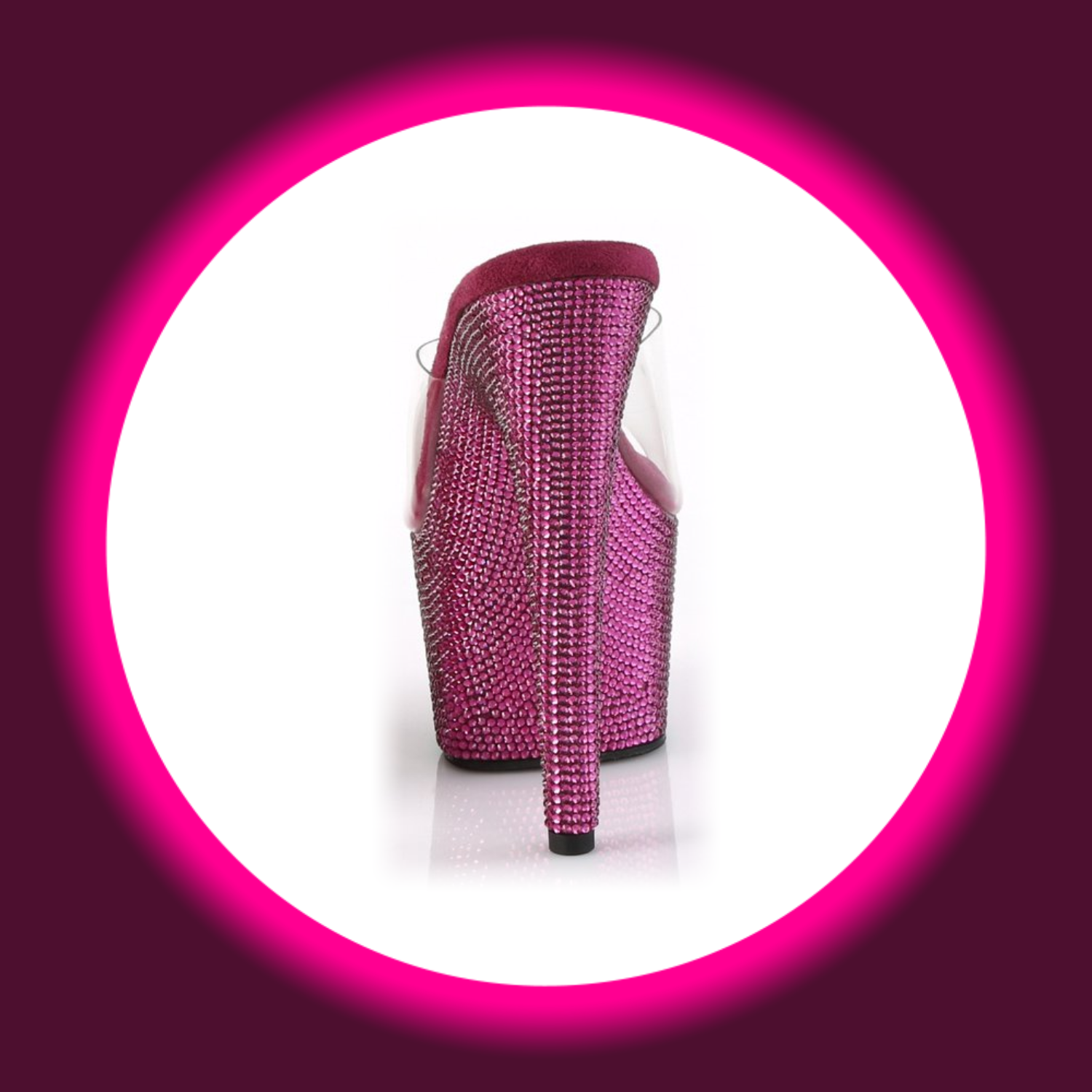 Rückansicht weinrote Plateaupantolette mit Glitzersteinen und hohem Absatz, Pleaser Bejeweled 712