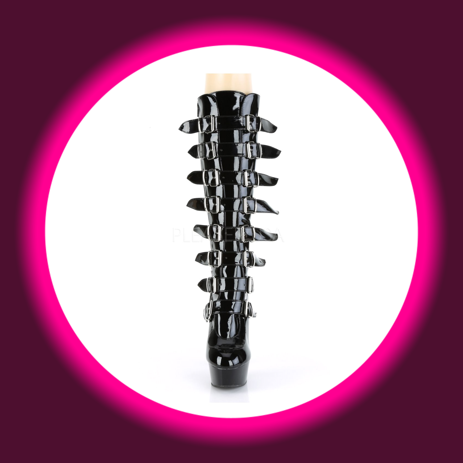 Frontansicht schwarze Plateau Stiefel Pleaser Delight 2049 mit 8 Zierschnallen