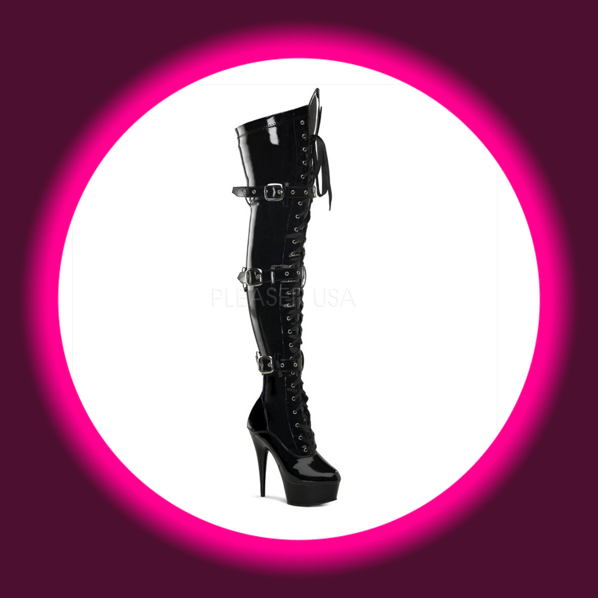 Pleaser Delight 3028 Overknee-Plateau-Stiefel in schwarzem Lack mit durchgängiger Frontschnürung und drei Riemen mit silberfarbenen Schnallen, schräge Frontansicht