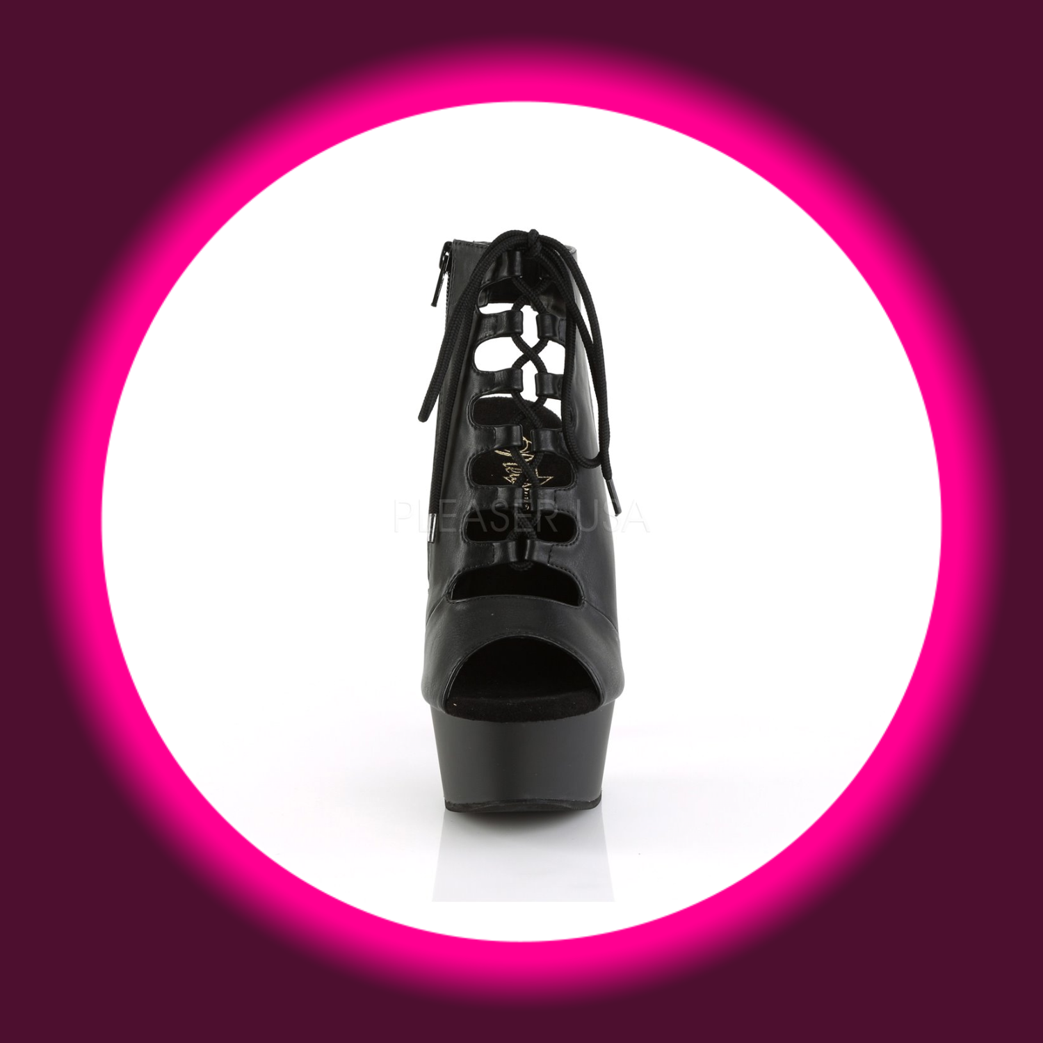 Frontansicht schwarz matte zehen- und fersenfreie Stiefelette Pleaser Delight 600-20 mit Frontschnürung und Plateau