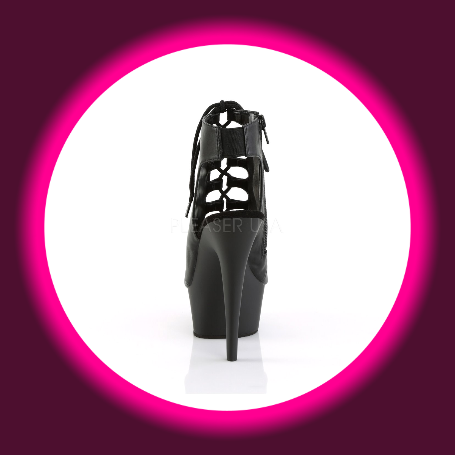 Rückansicht schwarz matte fersenfreie Stiefelette Pleaser Delight 600-20 mit Frontschnürung und hohem Absatz