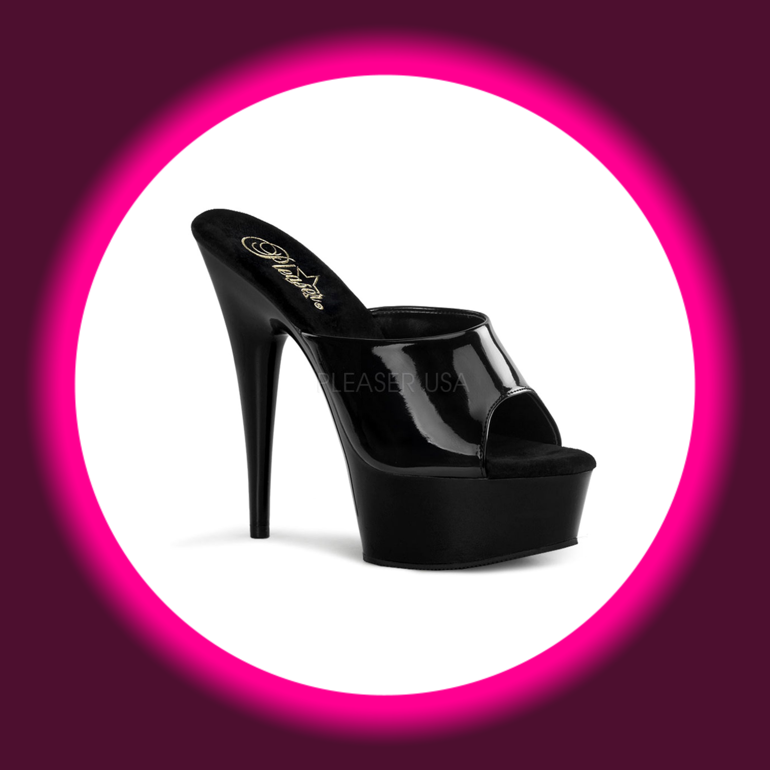 Winkelansicht schwarze Plateau-Pantoletten mit hohem Absatz, Pleaser Delight 601