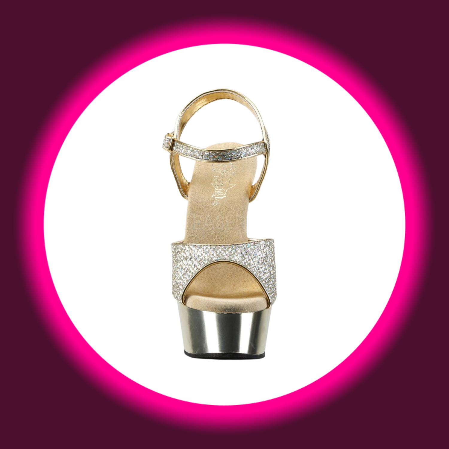 Frontansicht verchromte Plateausandale mit glitzernden Riemen und beiger Innensohle, Pleaser Delight 609