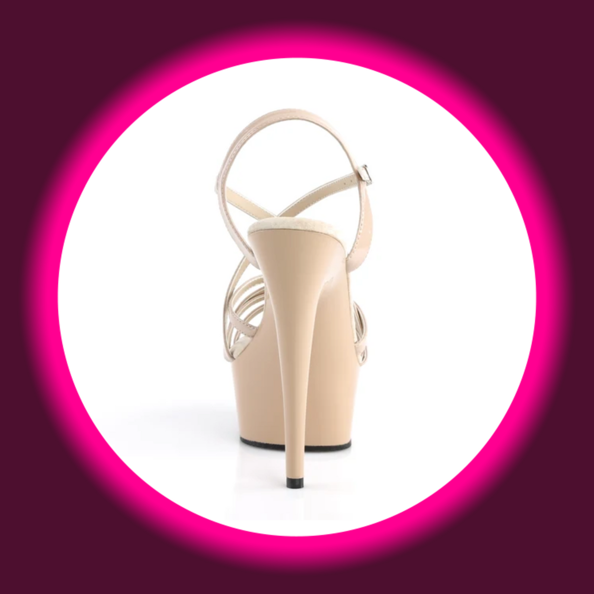 Pleaser Delight 613 Plateau-Sandalette in Nude-Beige, Rückansicht mit freier Ferse, schmalem Fersenriemen und hohem schlankem Stilettoabsatz