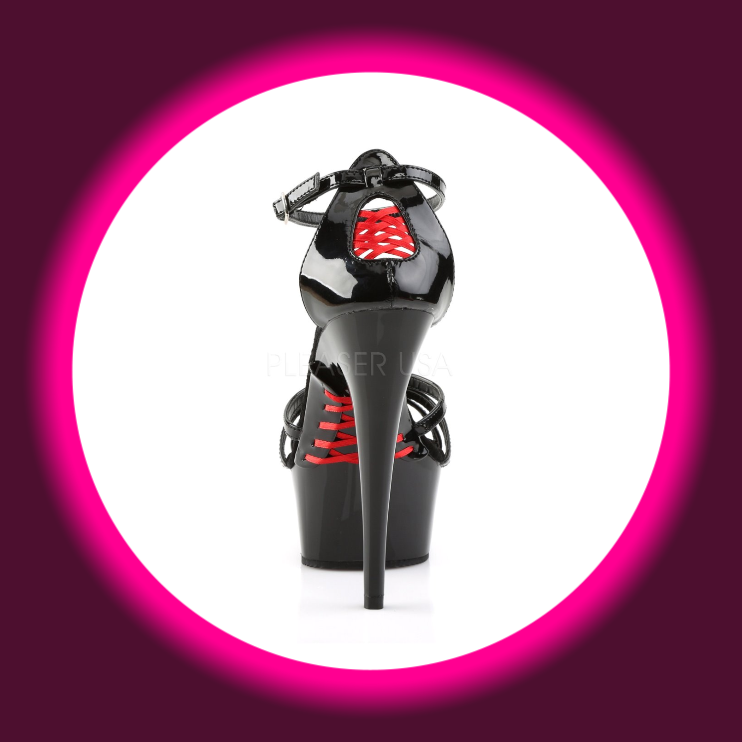 Rückansicht schwarze Sandale Pleaser Delight 662 mit roter Schnürung an Ferse und Unterseite, mit Fesselriemen und hohem Absatz