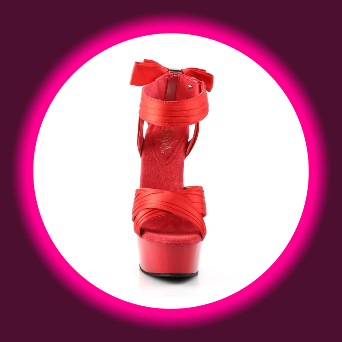 Pleaser Delight 668 Satin-Sandalette in Rot, Frontansicht mit fein plissierten Kreuzriemen über dem Vorderfuß, offener Spitze und rotem Plateau