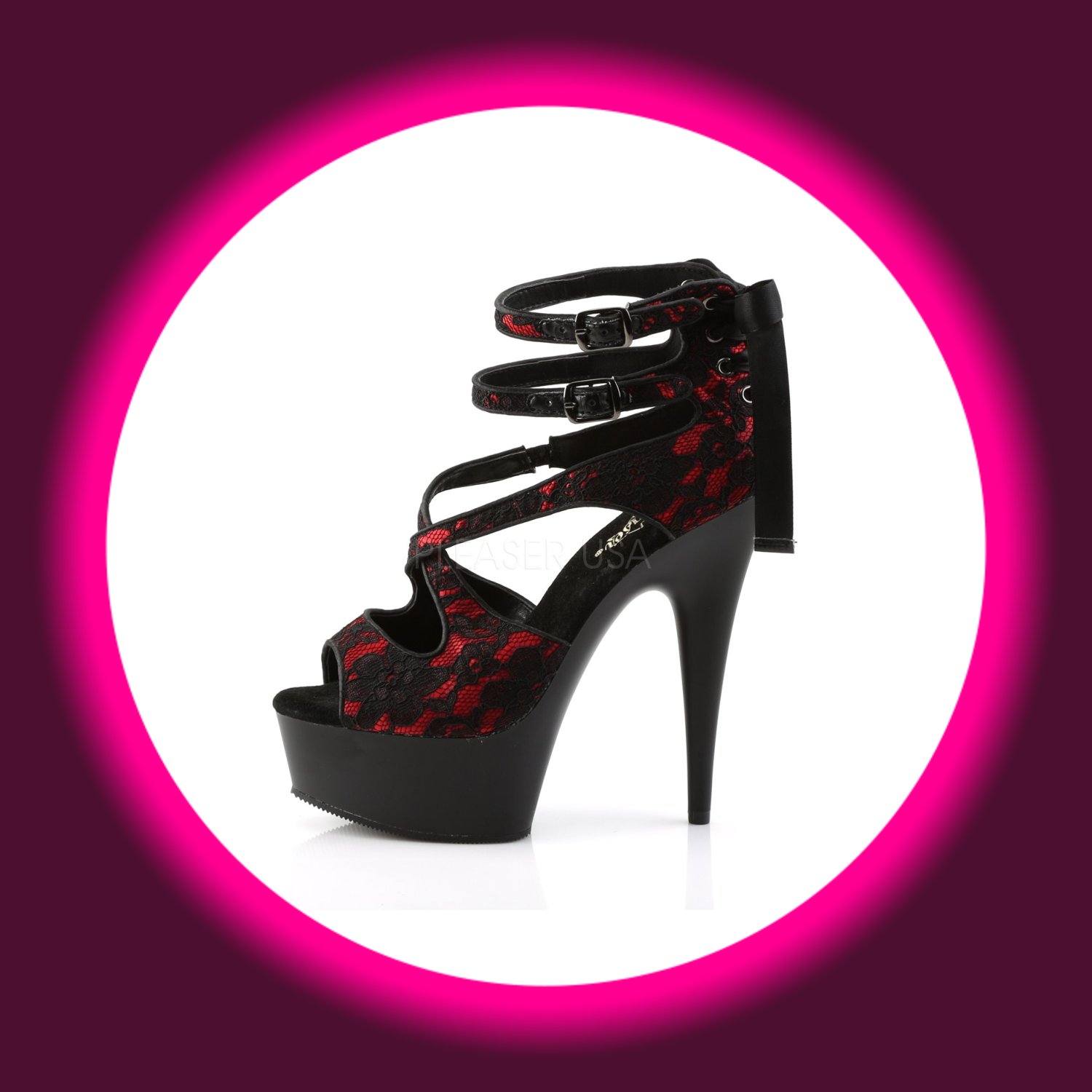 seitliche Ansicht schwarze Sandale Pleaser Delight 678, Riemen mit roter Spitze bedeckt und Schleife an der Ferse