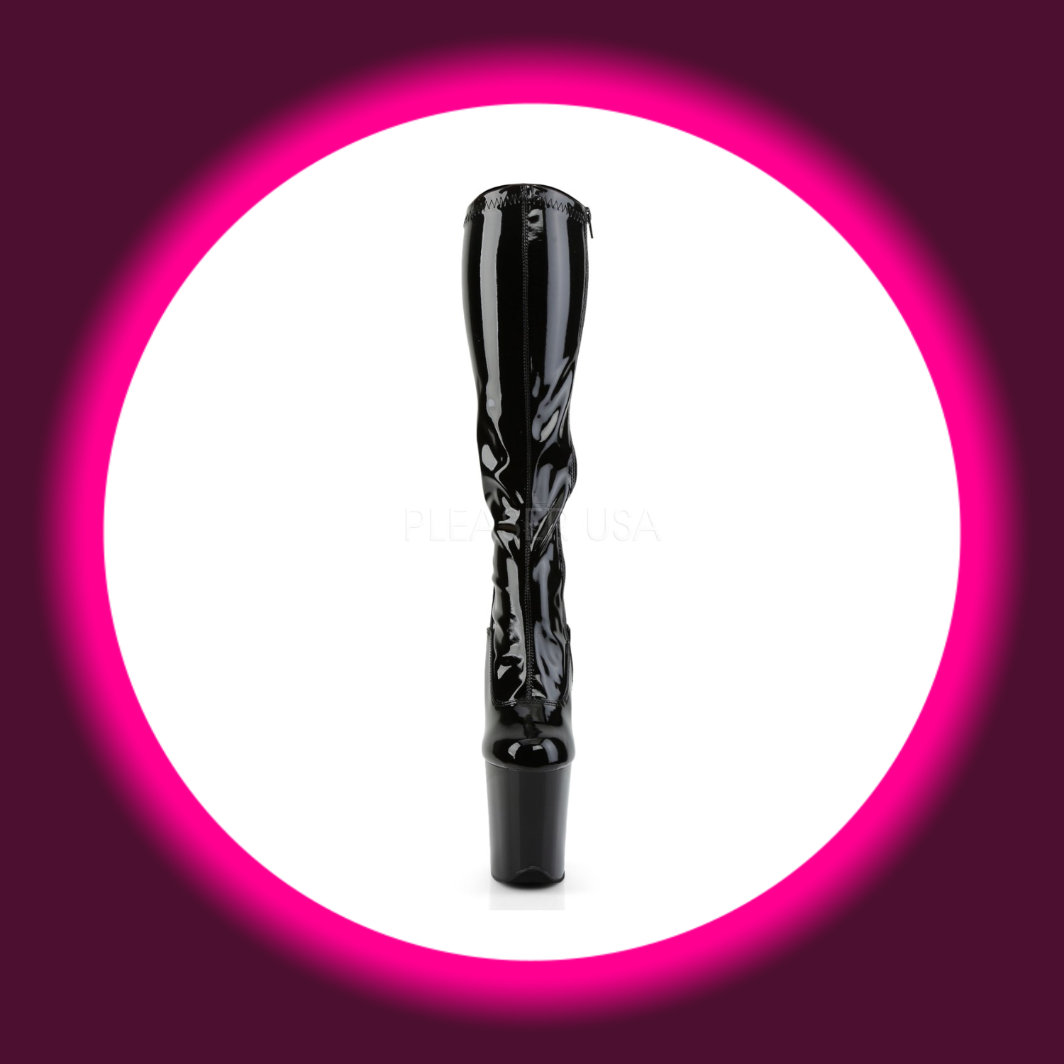 Frontansicht schwarze glänzende Plateau-Stiefel Pleaser Flamingo 2000 mit dehnbarem Schaft