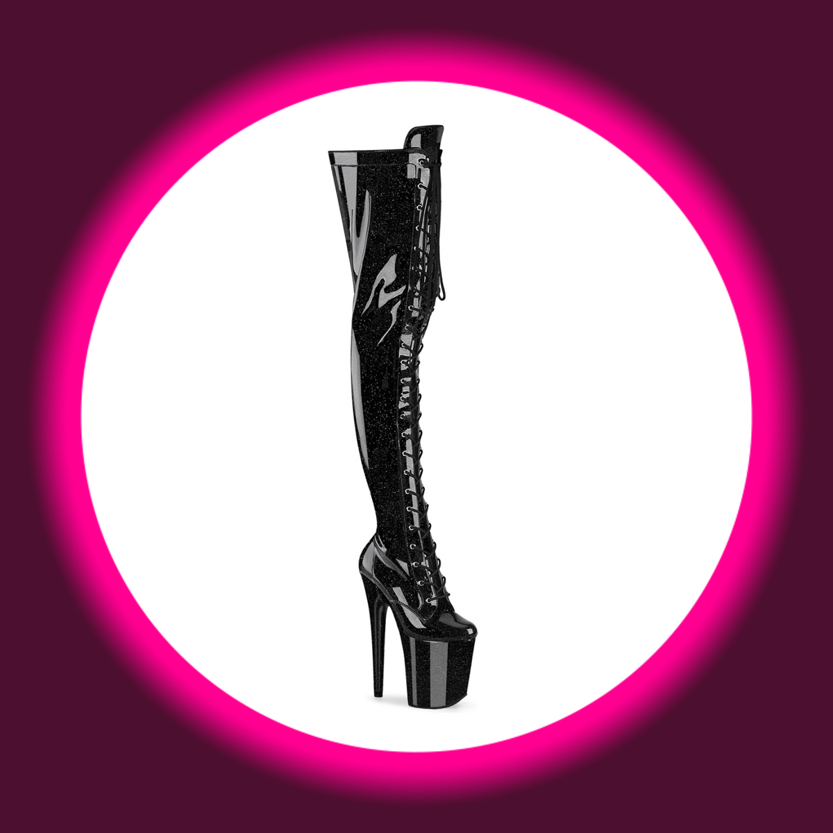Winkelansicht schwarze glitzernde Plateau-Overknees mit Frontschnürung und hohem Absatz, Pleaser Flamingo 3020