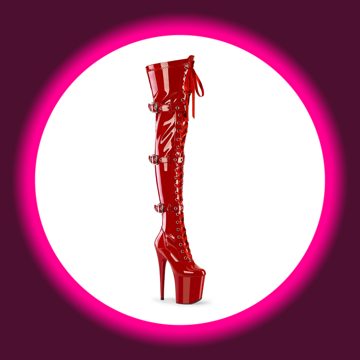 Pleaser Flamingo 3028 Overknee-Plateau-Stiefel in rotem Lack mit durchgängiger Frontschnürung, drei Schnallenriemen und hohem Stilettoabsatz, schräge Frontansicht

